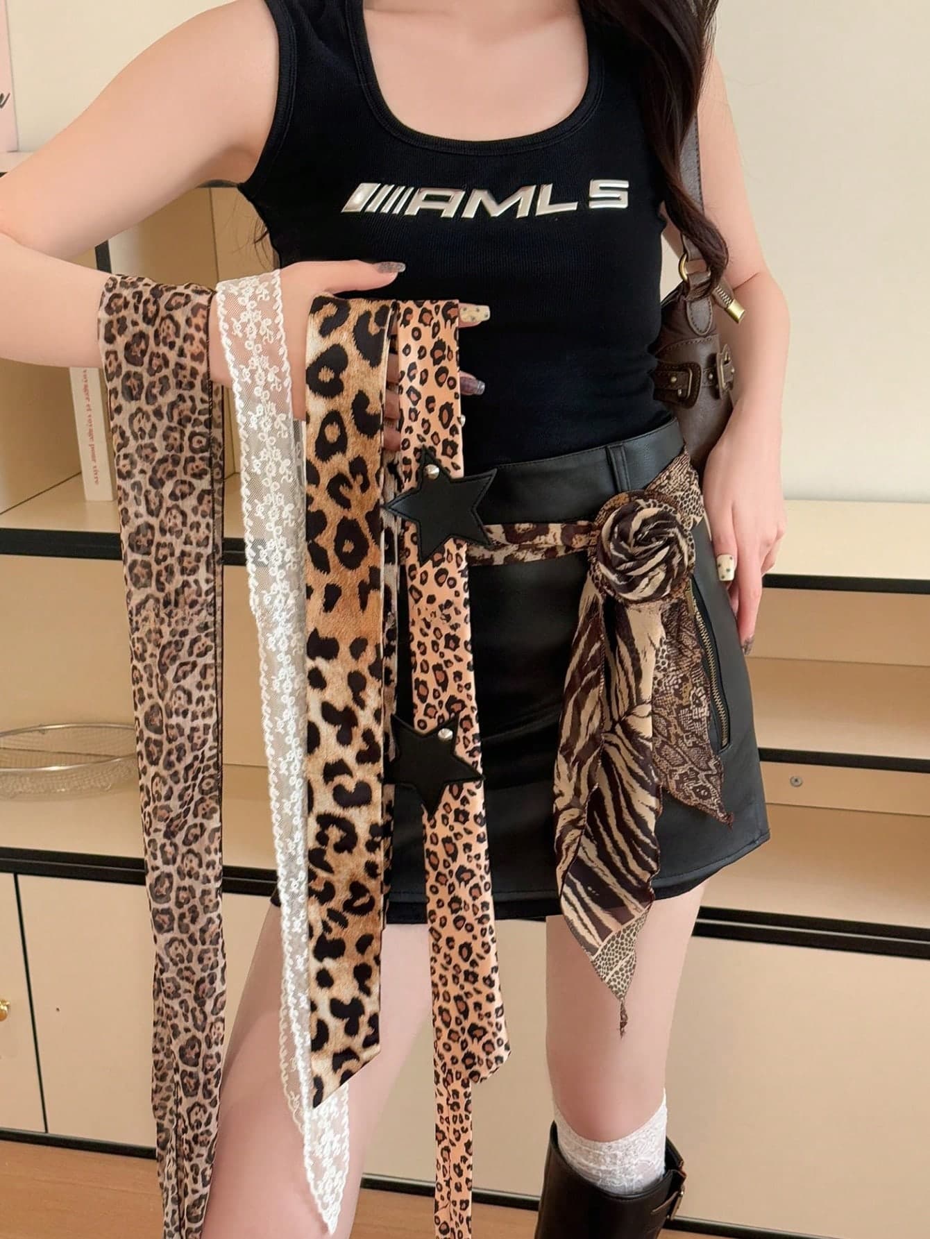 1pc Y2K Leopard Print Scarf, Women's Denim Belt, Neck Decor Accessory, Narrow Long Ribbon, Waist Chain