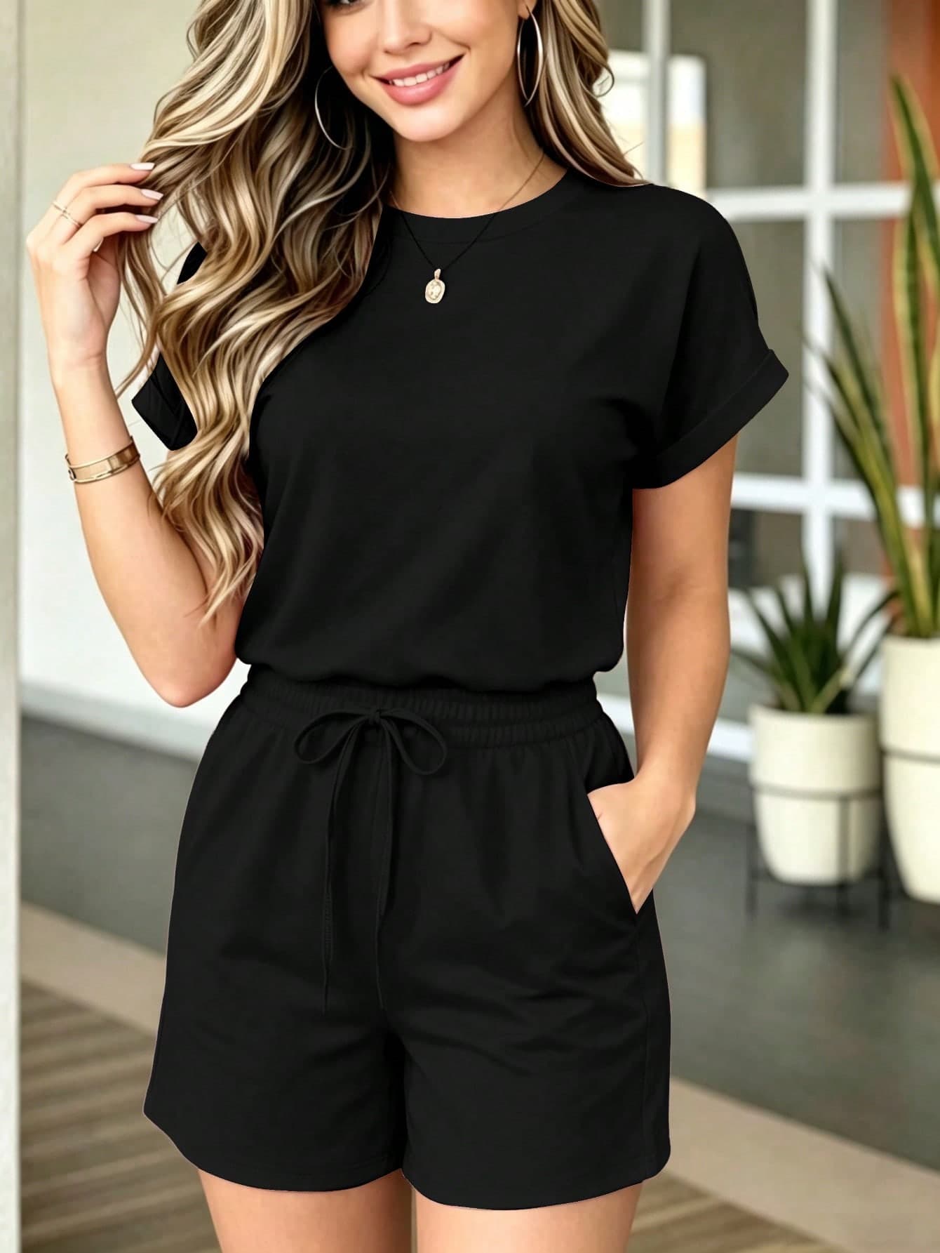 Women's Solid Color Round Neck Short Sleeve T-Shirt And Elastic Waist Drawstring Shorts 2-Piece Set, Minimalist Sporty Casual Outfit Black Summer
