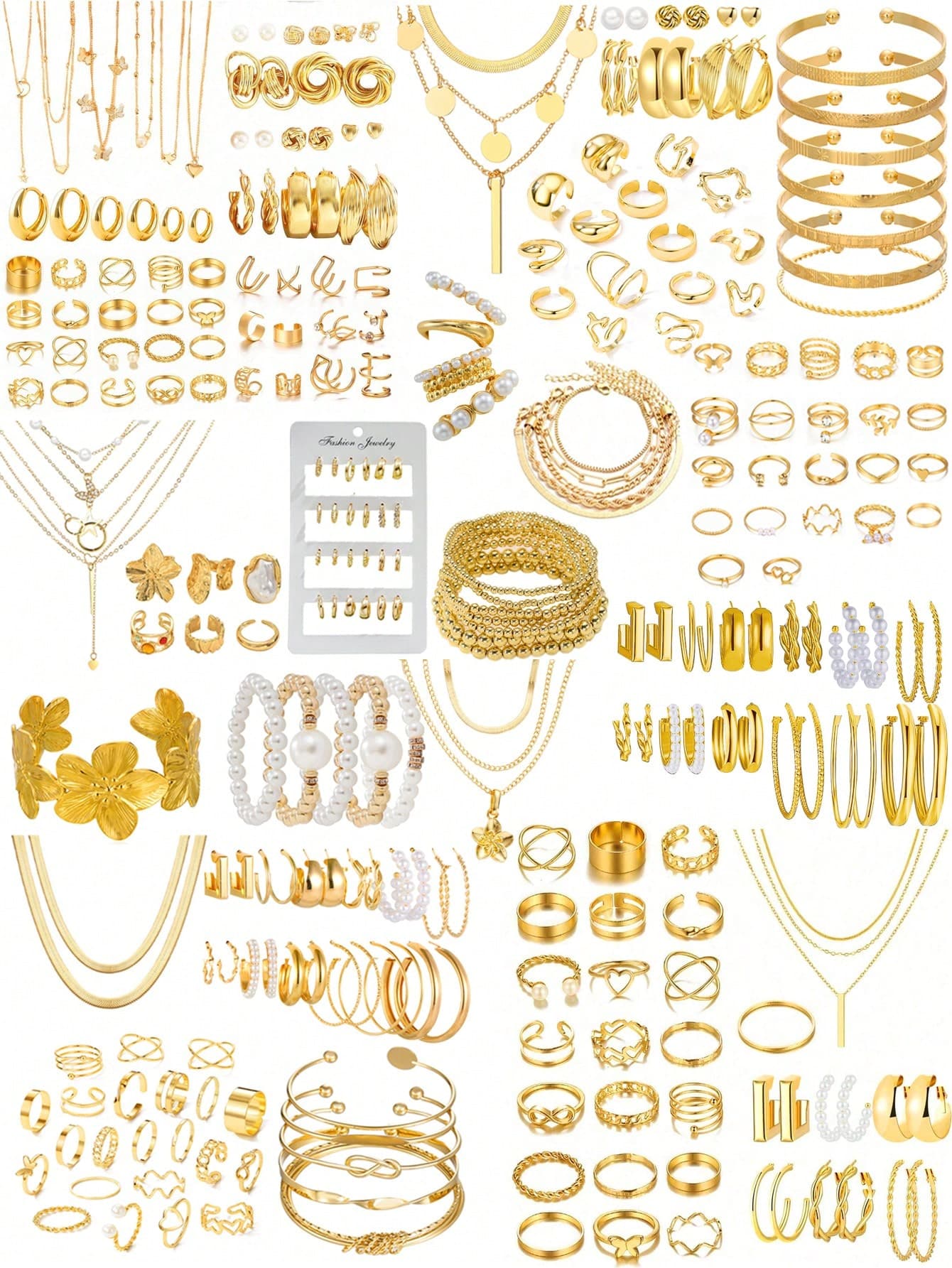 68/60/52/41/35pcs Fashion Minimalist Vintage Geometric Flower Buckle Faux Gemstone Rhinestone Bling Bling Heart Star Embossed Texture Criss-Cross Braided Snake Bone Chain Box Chain Star Moon Faux Pearl Tassel Pendant Y-Necklace Round Asymmetrical Liquid Shape Hollow Splice Beaded Wave Flat Geometric Wide C-Hoop Earrings Earrings + Necklace + Ring + Bracelet Jewelry Set, Suitable For Holiday, Party, Date, Daily Wear