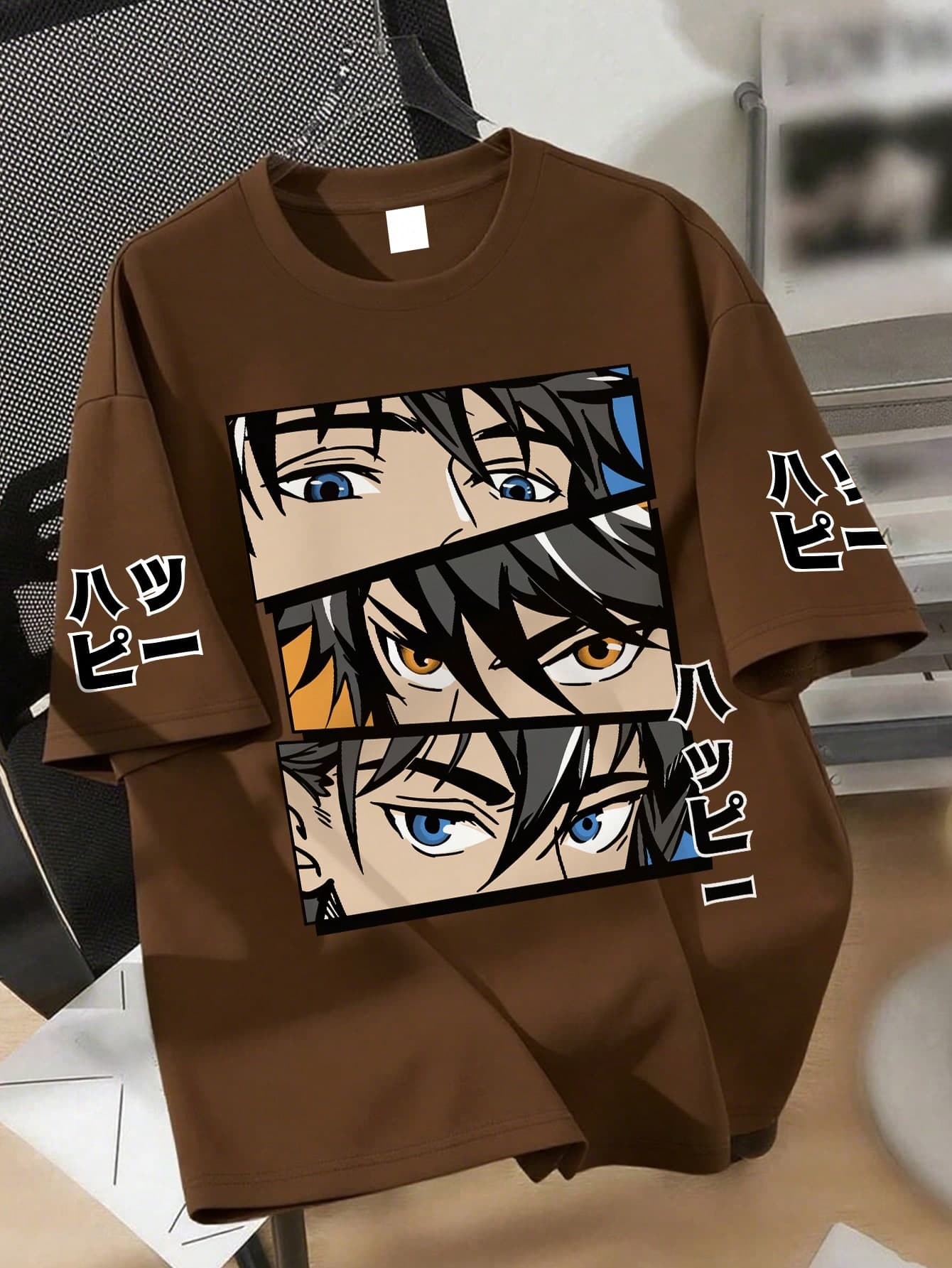 Teens Boys Anime Aesthetic Loose T-Shirt, Printed With Panel Eye Pattern And Japanese Slogan Accent, Oversized Short Sleeve Top, Suitable For Anime Gatherings, Weekend Meetups, Street Style