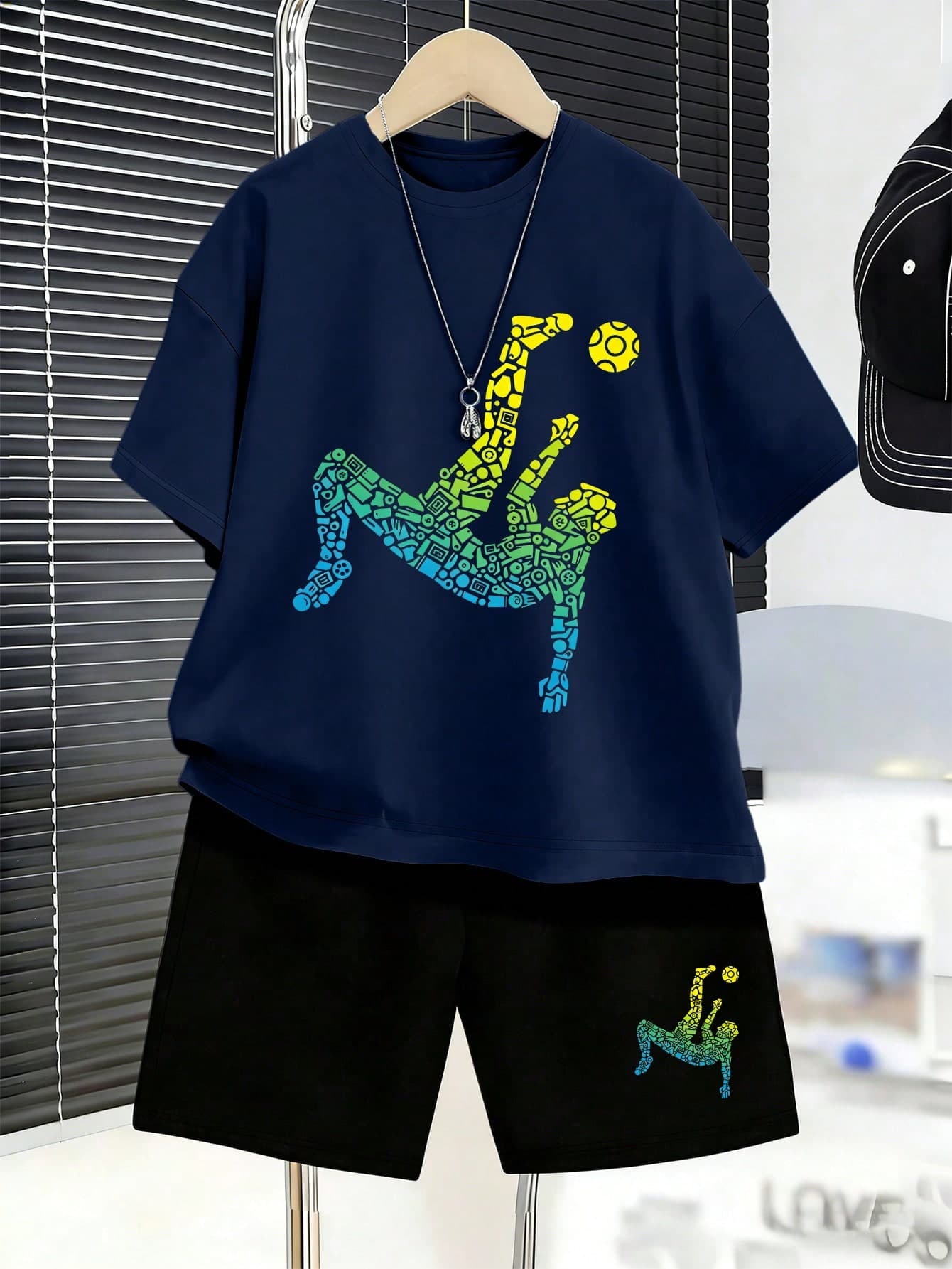 Teen Boys Fashion Colorful Soccer Player Print Crew Neck T-Shirt + Shorts Set, New Summer Comfortable Boys Set