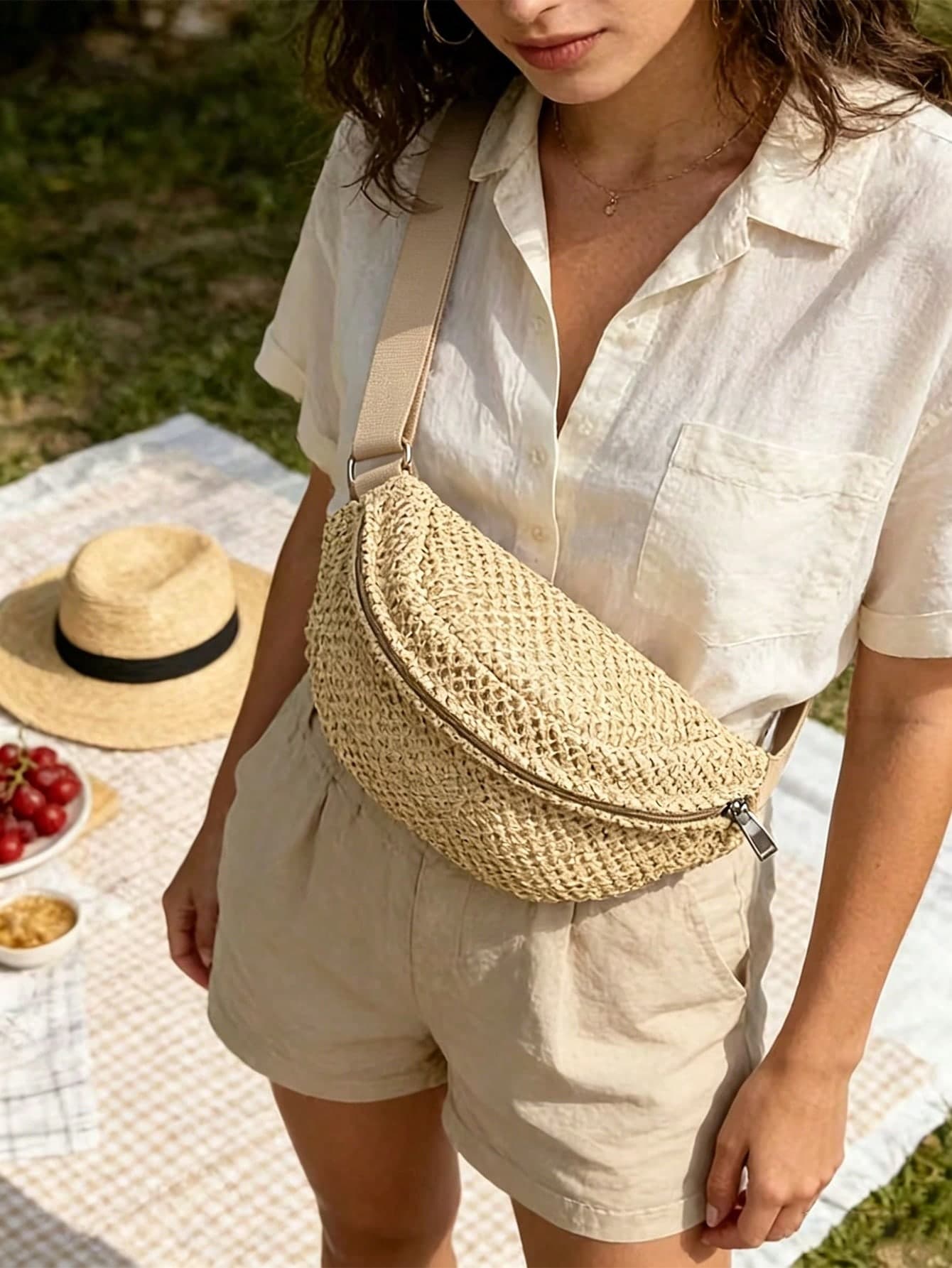Women's Woven Waist Bag Adjustable Crossbody Fanny Pack, Summer Beach Vacation Daily Sling Bag