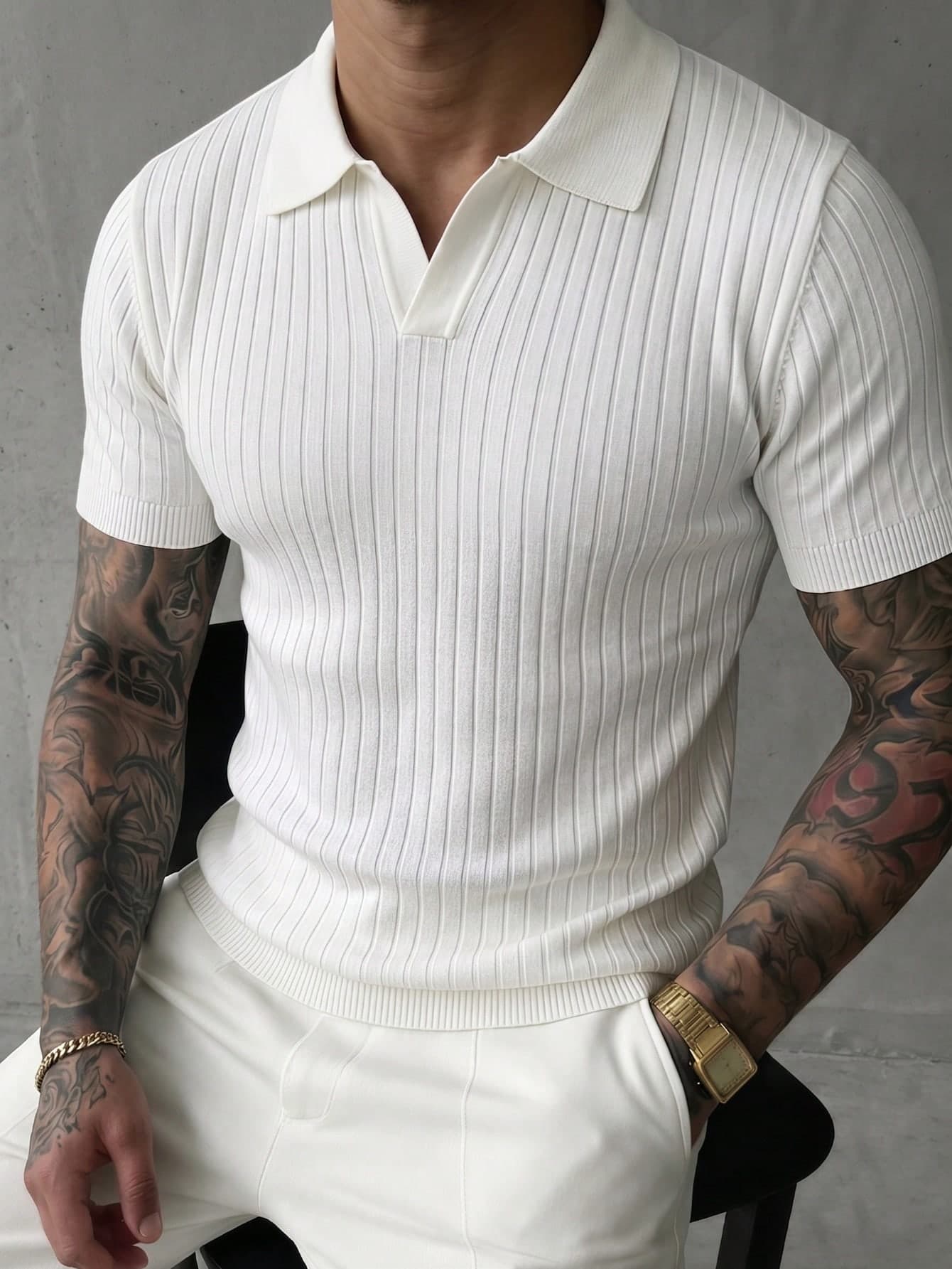Men's Summer Ribbed Polo Knit Short Sleeve Shirt