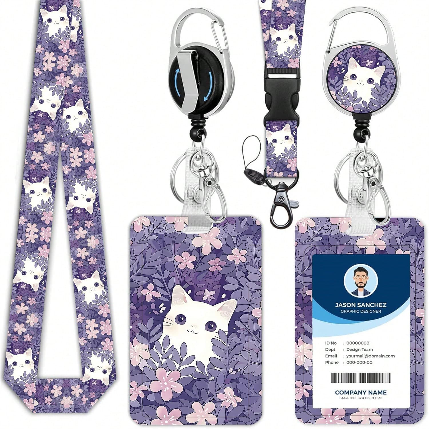 Personalized ID Card Holder With Lanyard, Includes Retractable ID Card Clip, Retractable Clip And Detachable Neck Strap, Vertical Design - Suitable For Women, Nurses, Doctors, Students And Teachers (Floral Cat Pattern)