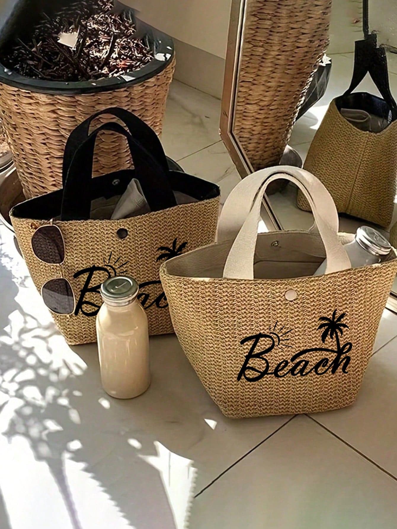 Bohemian Style Woven Tote Bag - Large Black Handbag Suitable For Beach, Camping And Outdoor Activities, Fabric With Magnetic Clasp, Beach Bag