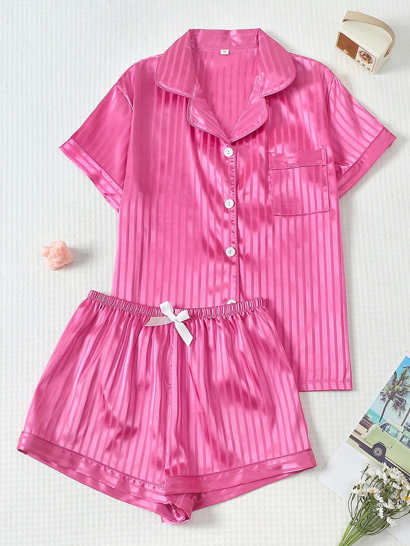 2pcs White Striped Satin Short Sleeve Collared Top And Bow Shorts Pajama Set For Women, Spring/Summer