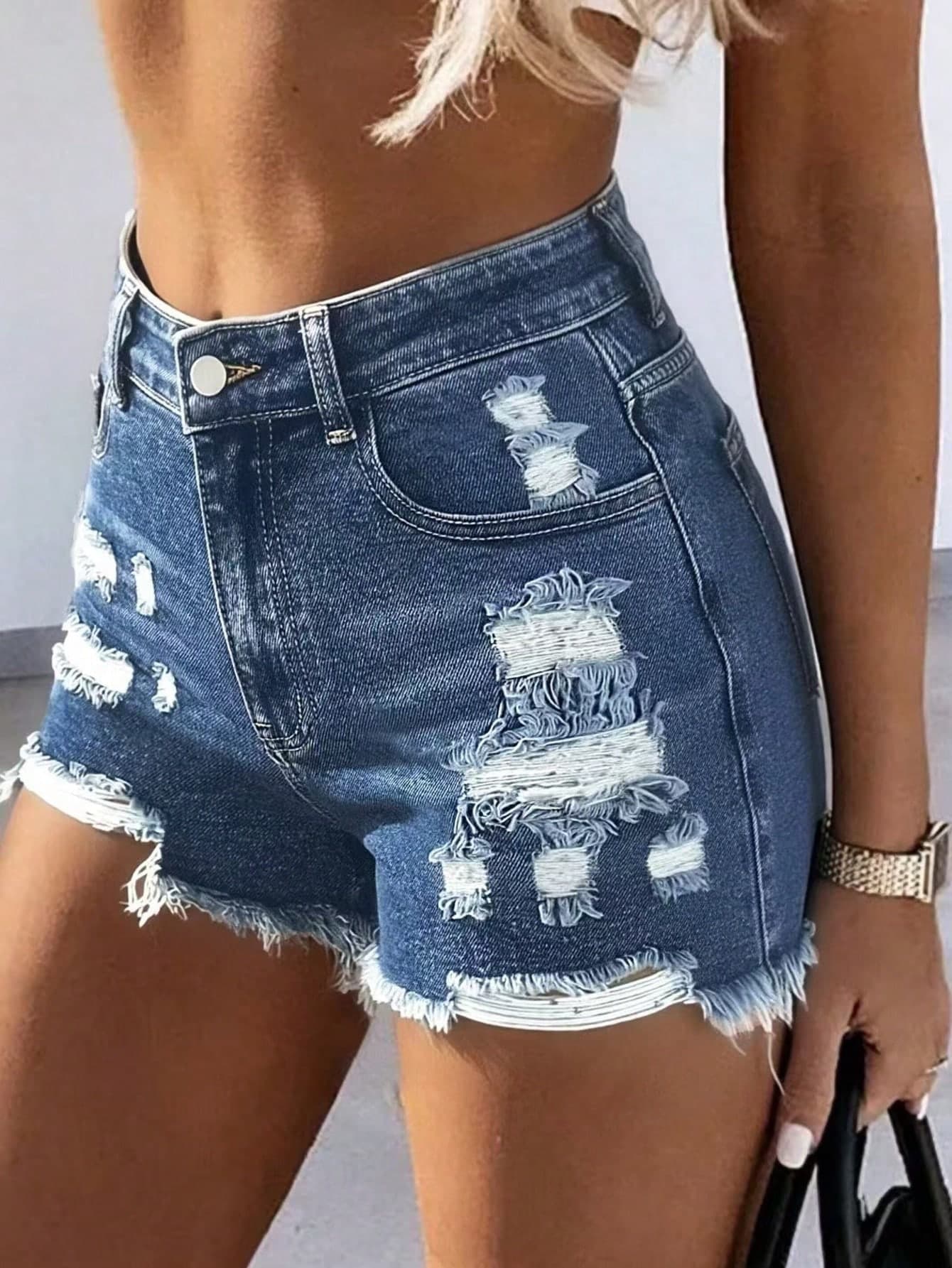 STLY Women's High-Waisted Slightly Stretchy Distressed Classic Vintage Nostalgic Street Style Hot Girl Rebellious Frayed Hem Design Sense Casual