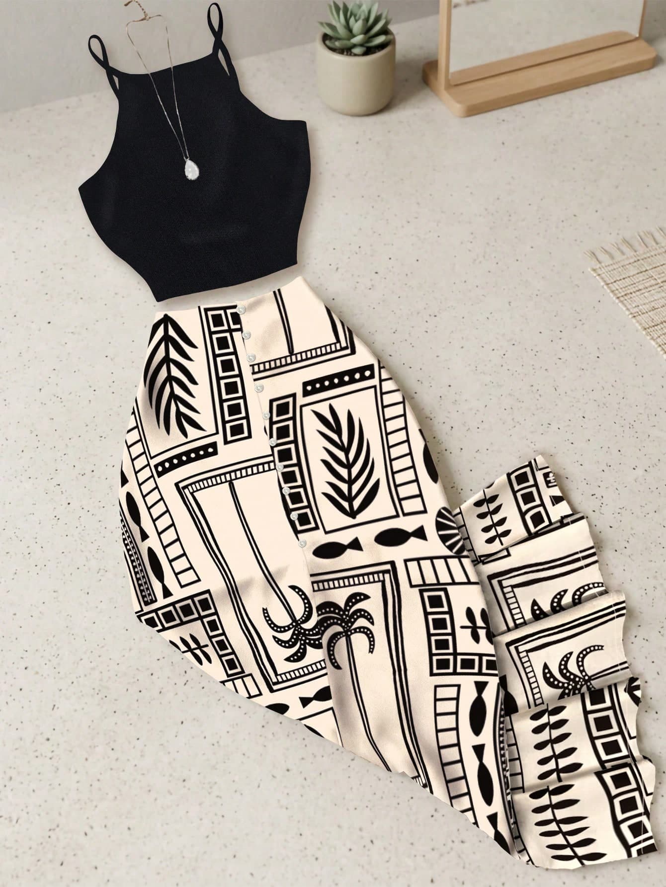 Contrast Color Casual Beach Vacation Tank Top & Mini Skirt 2 Pieces Set Elegant Summer