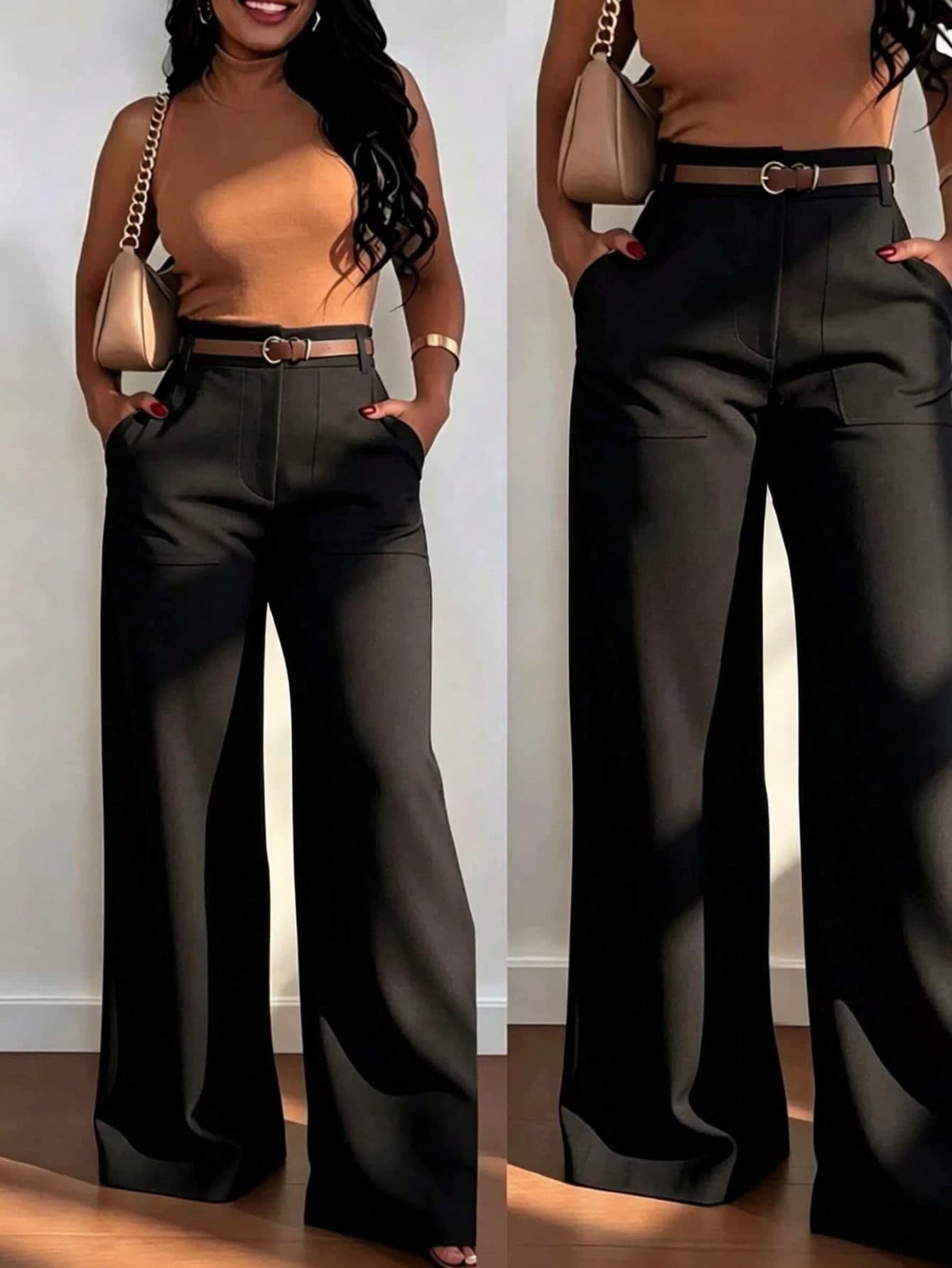 Women's High-Waist Straight Leg Wide Leg Casual Pants With Pockets, Autumn/Winter Fashion
