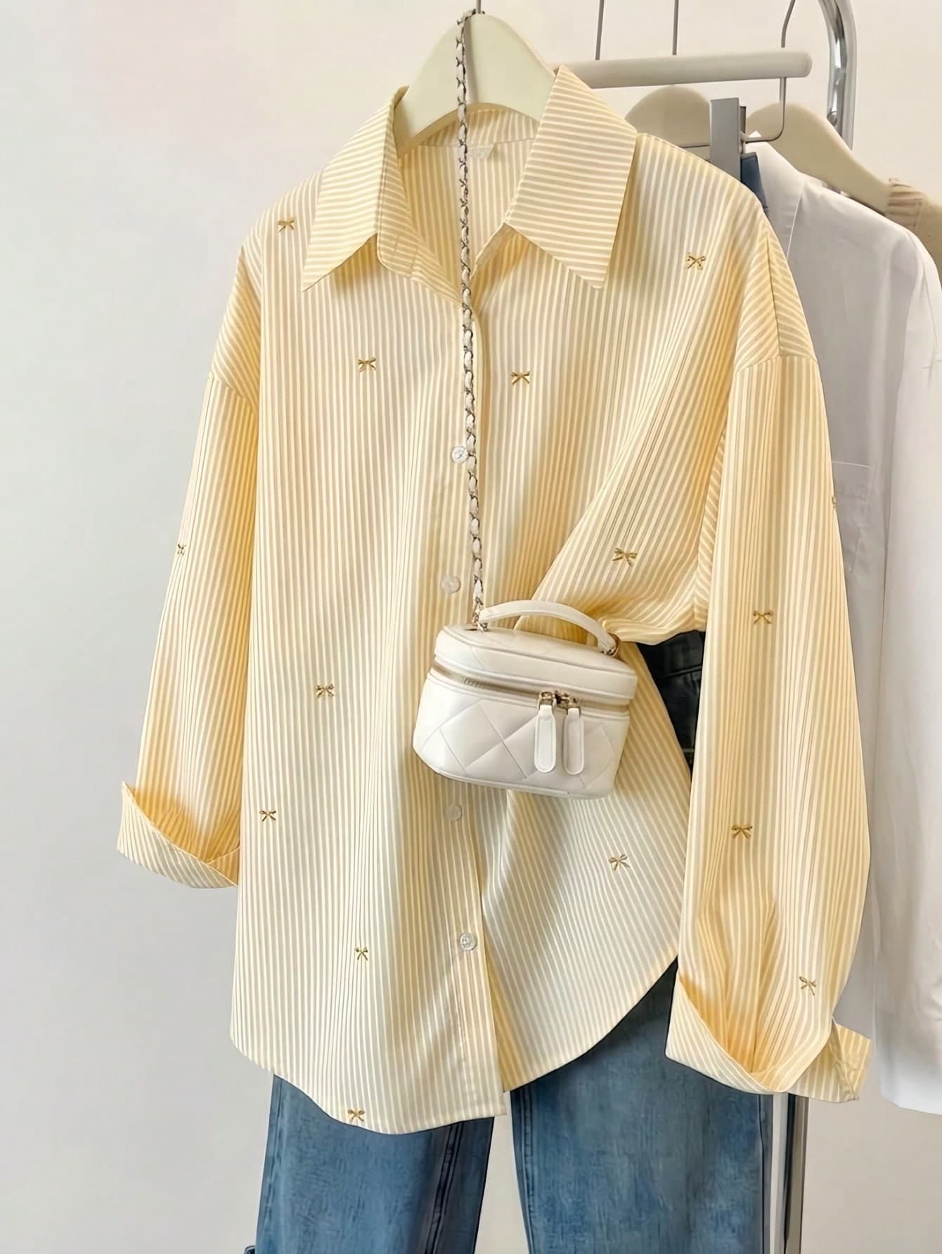 Women's Striped Color Block Shirt, Button Front, Casual Wear, Effortless Style