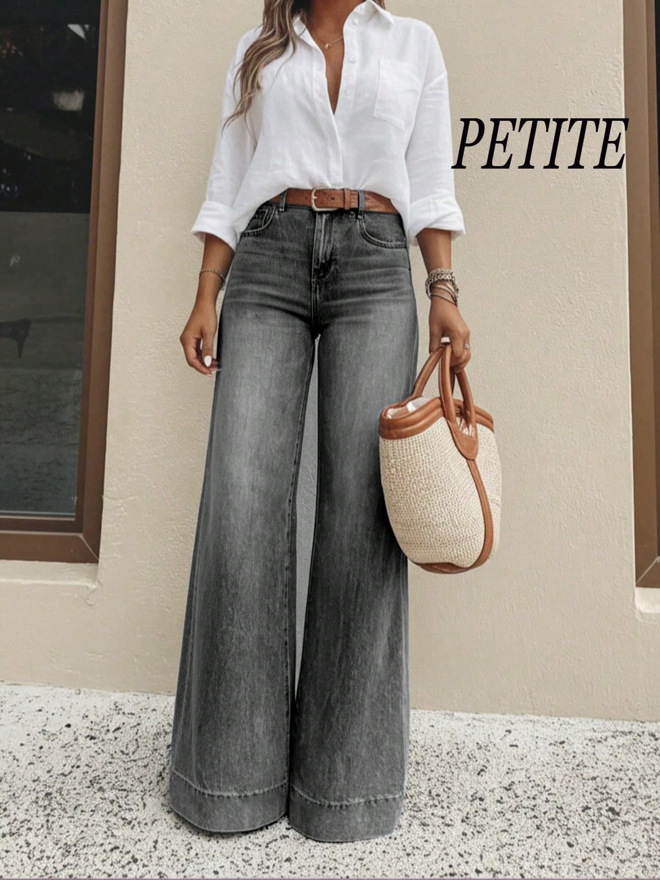 Petite Women's Elastic Micro Trumpet Mid High Waist Denim Pants Casual