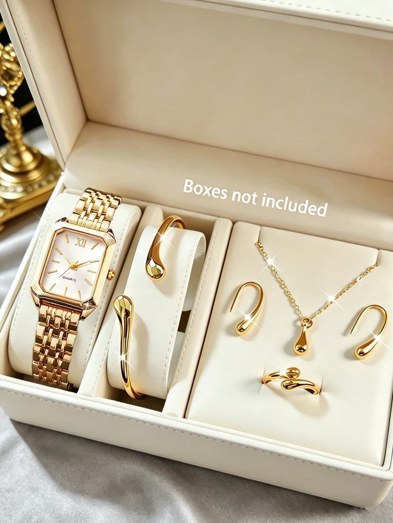 1PC Watch/6pcs Set Optional Women's Gold Vintage Square Quartz Watch, White Dial With Roman Numerals And Gold Stainless Steel Band, Minimalist Elegant Style, Small And Delicate, Perfect Gift For Girlfriend, Best Friend, Graduation Season, Suitable For Commuting And Dating, Easily Create A Sophisticated And Gentle Elegant
