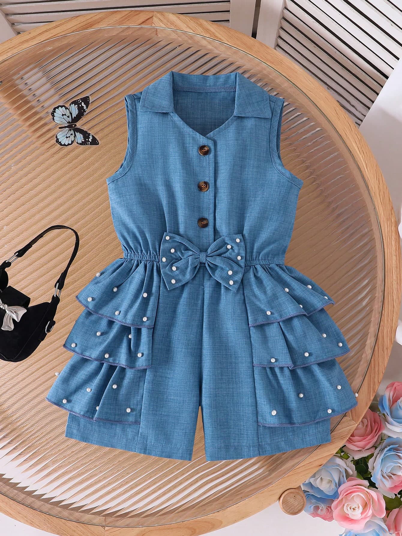 Young Girl' Ruffle Layered Romper, Sleeveless Bow Waist Belt + Pearl Beaded Design, Suitable For Formal Events, Parties, And Daily Wear
