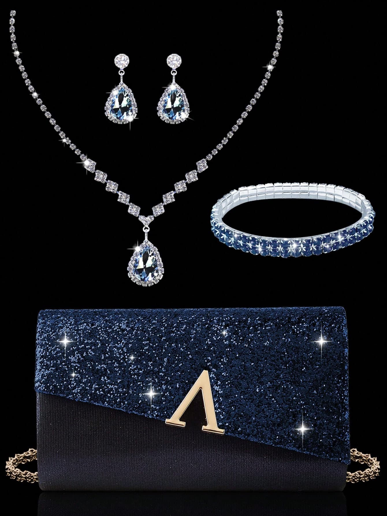 Elegant Evening Clutch, Sparkling A-Shaped Diamond Flap Envelope Clutch, Comes With Sparkling Rhinestone Jewelry 3 Pieces Set, Elegant Evening Clutch, Women's Ball Handbag, Women's Wedding Evening Bag, Party Handbag, Metal Chain Handbag, Wedding Party Handbag, New Cocktail Party Wedding Wallet Evening Clutch