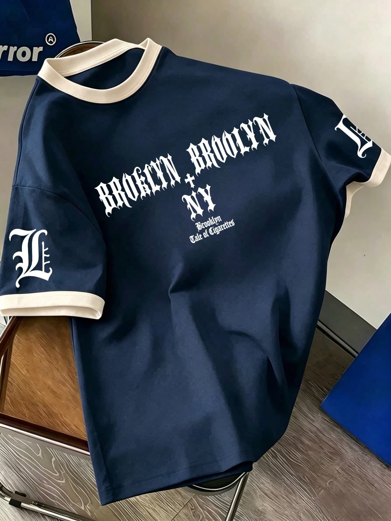 Boys' Vintage Gothic Brooklyn New York Letter Print Crew Neck Trim T-Shirt, Contrast Trim Short Sleeve Casual Loose Fit Summer Everyday Style