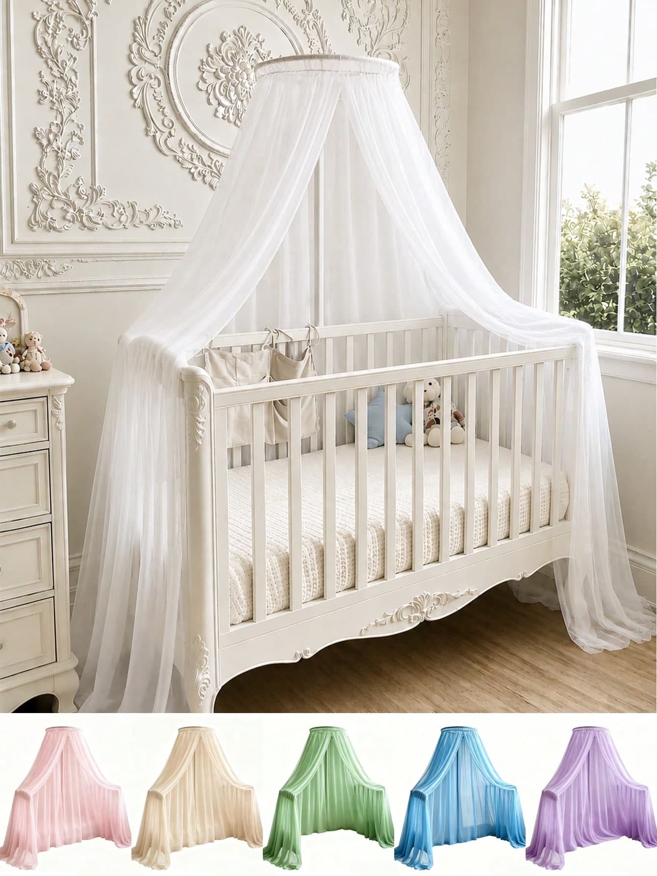 1 Set Chiffon Mosquito Net Canopy, Princess Style Nursery Decor, Baby Crib Canopy, Bed Curtain Decor, Kids Room Decor, For Baby Boys & Girls, Baby Shower Party Decor, Gender Reveal Party Decor, Children's Room Decor (Excluding Stand And Top)