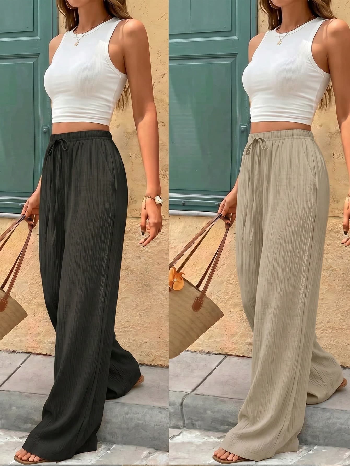 2pcs Women's Casual Solid Color Wide Leg Pants, Textured Fabric Long Trousers, Tie Waist, Fashion Versatile Travel Essential For Autumn, Effortless Style