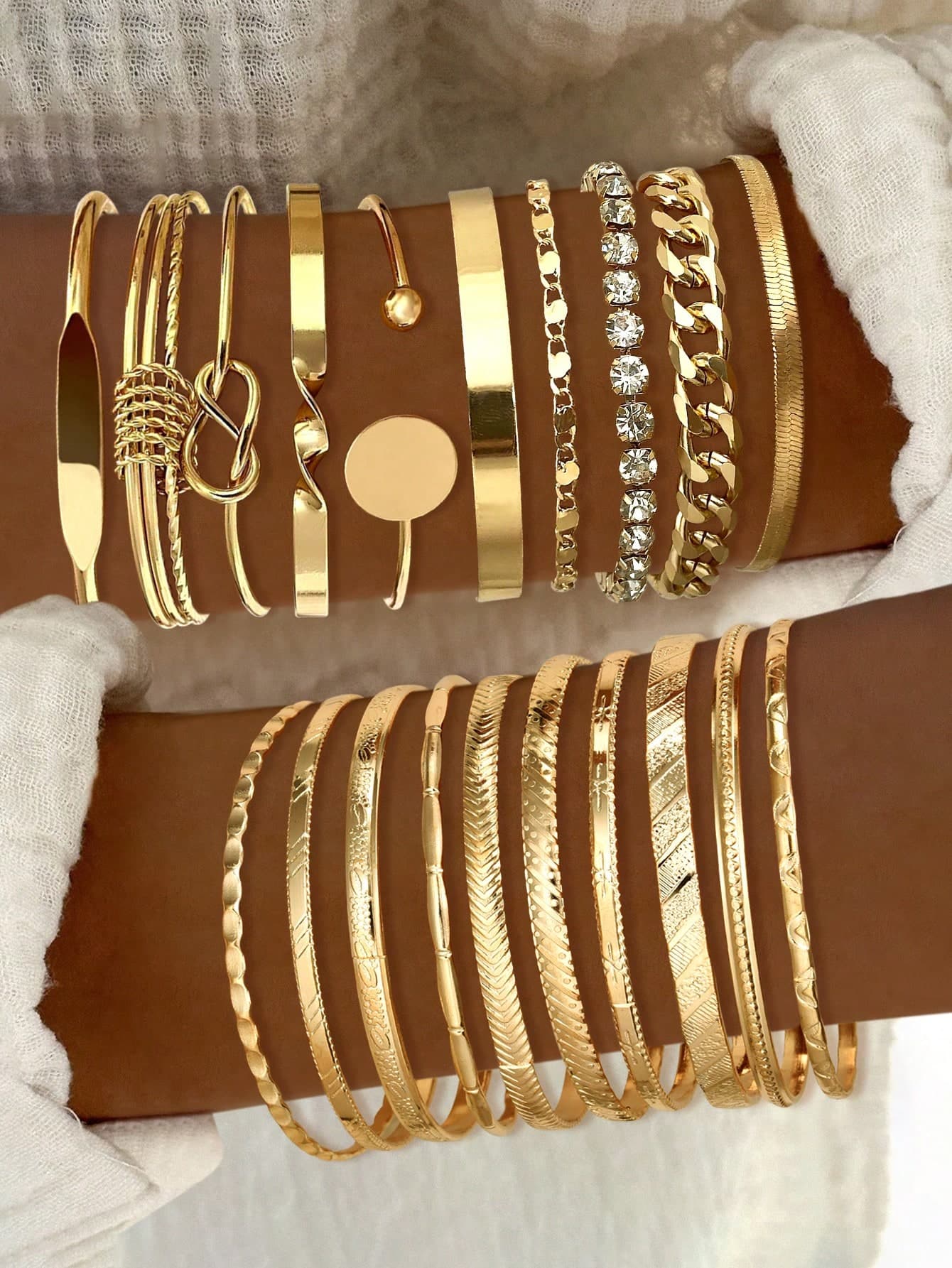 20/10pcs Multi-Layer Stackable Fashion Minimalist Elegant Exquisite Vintage Design Geometric Ribbon Rhinestone Bling Shiny Twisted Cuban Snake Bone Chain Round Disc Cross Braided Multi-Strand Bead Geometric Starburst Asymmetrical Embossed Texture Polished Minimalist Plain Metal Style Bangle Set, Holiday Vacation Party Date Gift, Daily Commute Wear, Personalized