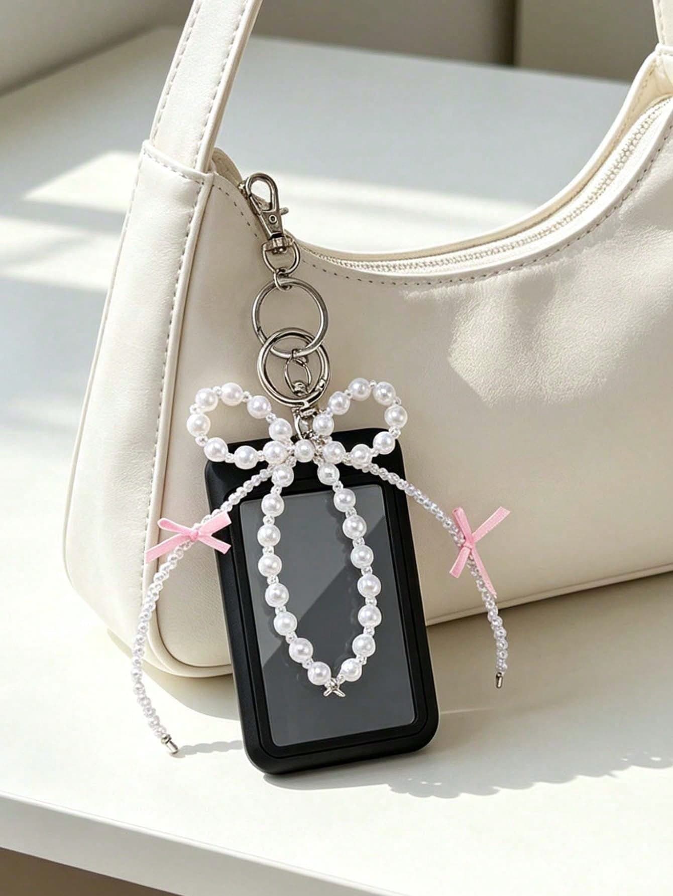 Cute Bow Card Holder With Pearl Bow Keychain, Fashion Y2K Style Women's Card Holder, Retractable Slide Card Sleeve, Photo Card Holder, DIY Keychain Bag Charm, Elegant Bow ID Card Holder, Suitable For Work ID, Student ID, Credit Cards, Office And School Supplies, Unique Birthday Gift, Holiday Gift, Party Gift, Back To School Gift