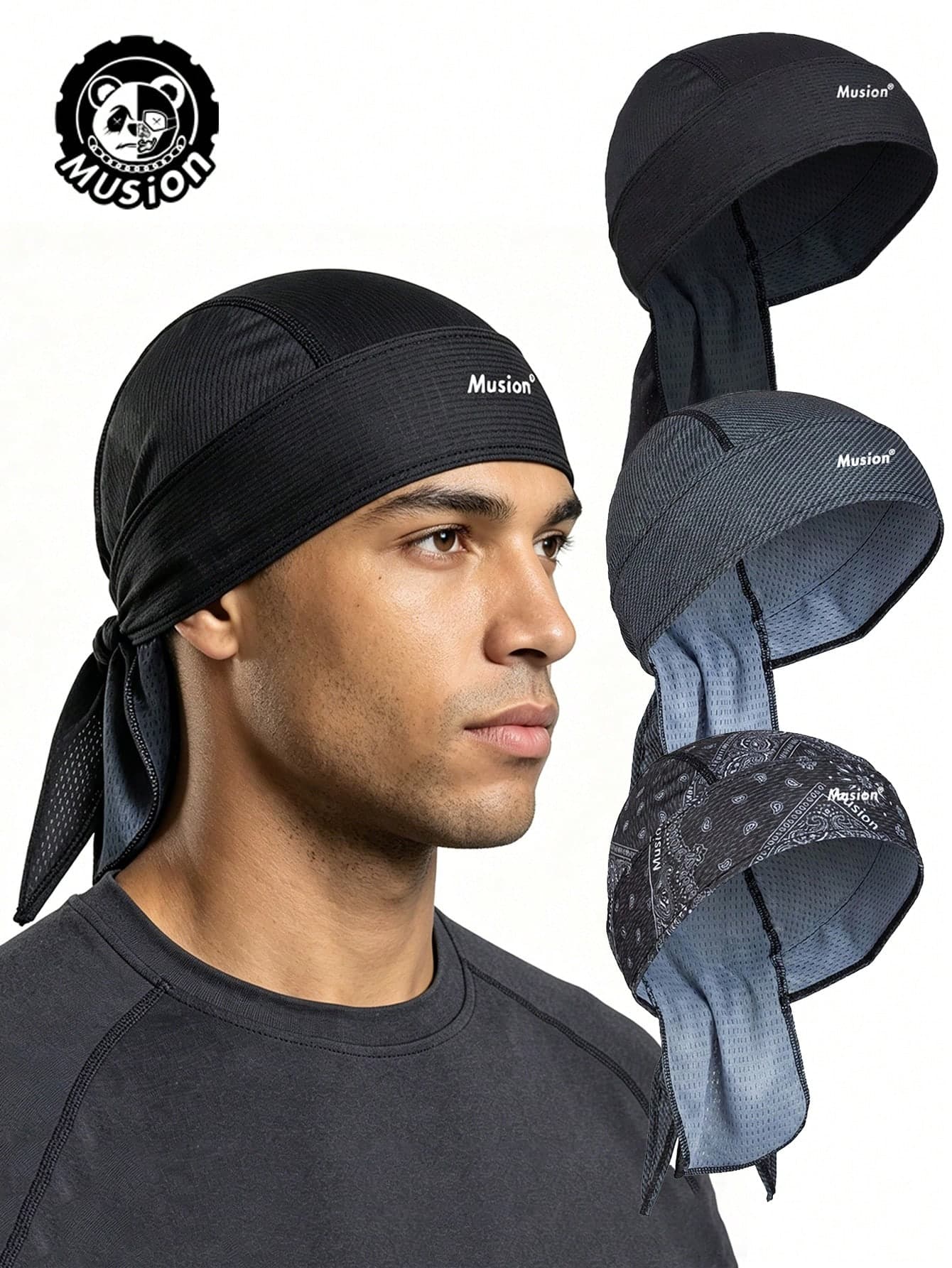 Musion 1/3Pcs Quick Dry Sweat Wicking Do Rag Skull Cap, Windproof Motorcycle Helmet Liner, Breathable Cycling Running Sports Head Under Helmet Bandana