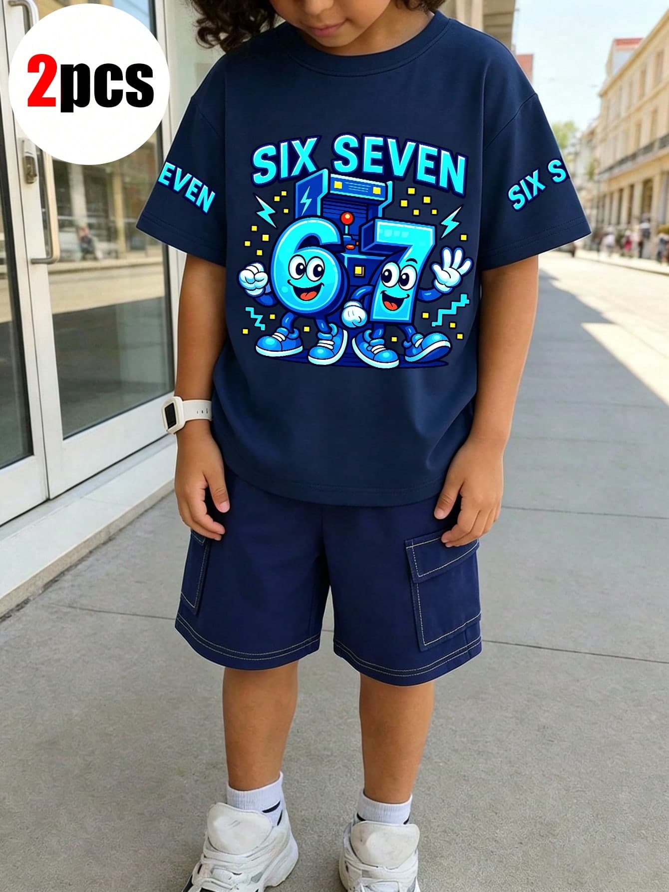 2pcs Tween Boy Crew Neck Short-Sleeve T-Shirts With Printed Numbers "67" And A Pair Of Simple Casual Cargo Shorts, New Summer Comfortable Set