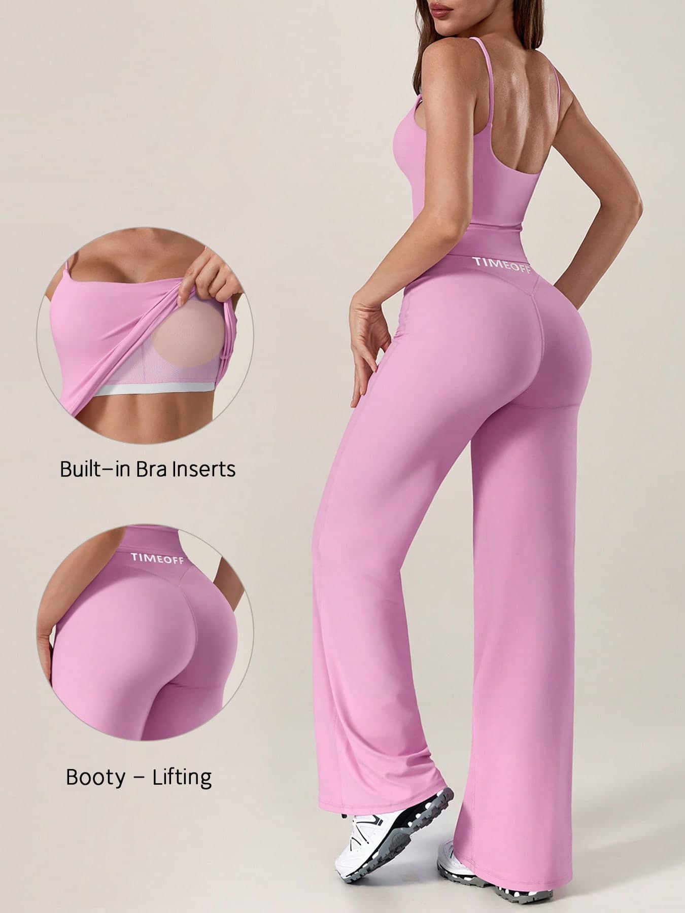 TimeOff Women's One Set Solid Color Spaghetti Strap Removable Padded Camisole And Straight Leg Relaxed Fit Pants Sports Suit
