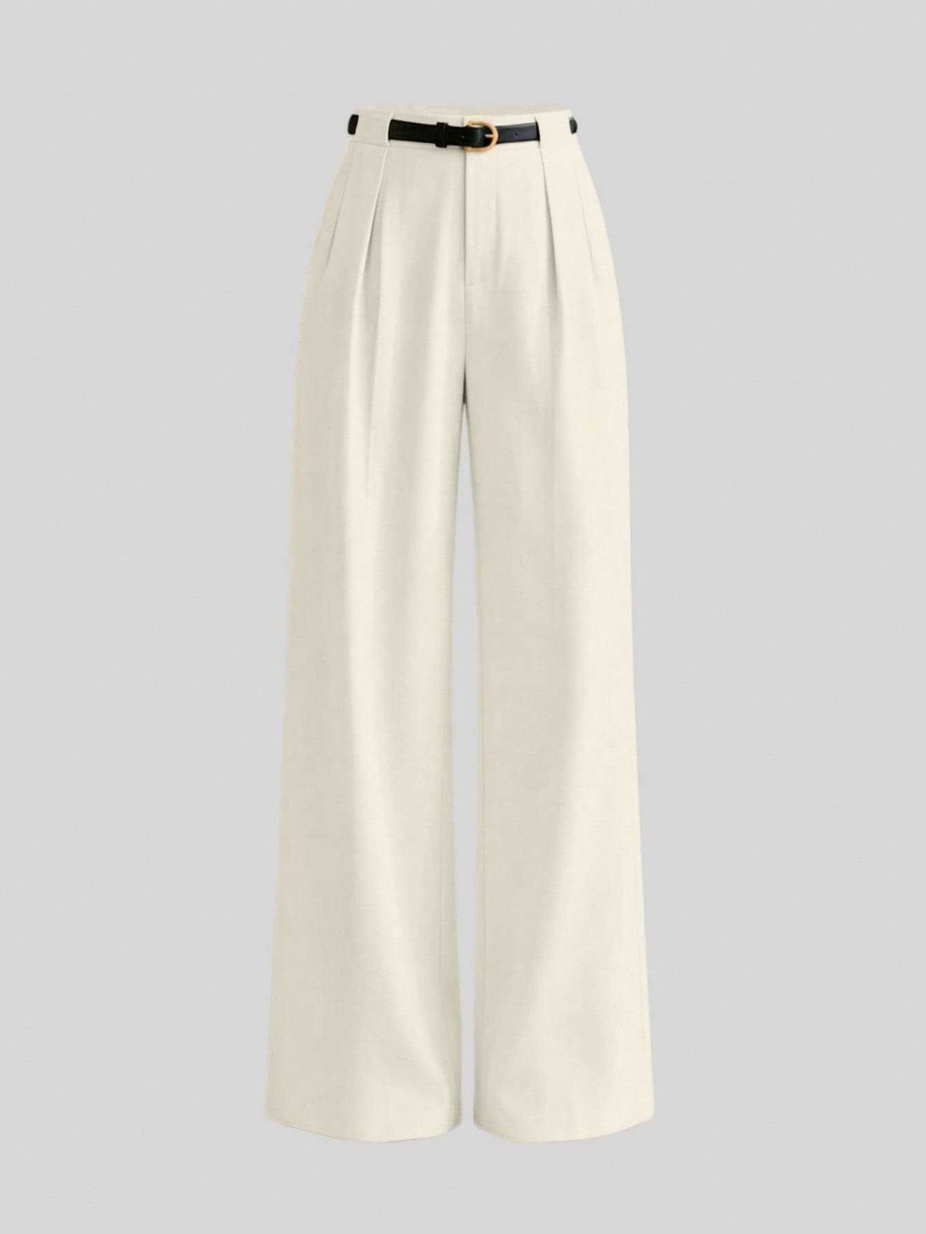 Mid Waist Solid Color Elegant Office Straight Pants With Belt Spring