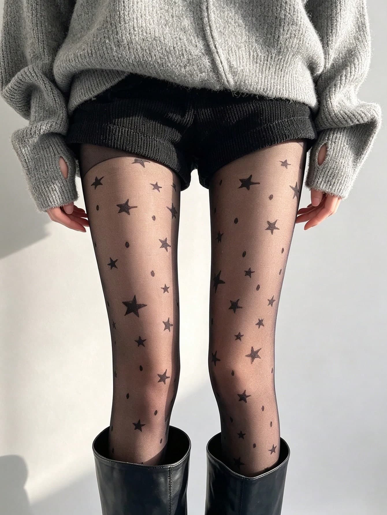 STAR RIVER 1 Pair Women's Y2K Sexy Sheer Star Jacquard Tights, Lolita Style Black Sheer Lace Pantyhose, Star And Polka Dot Pattern