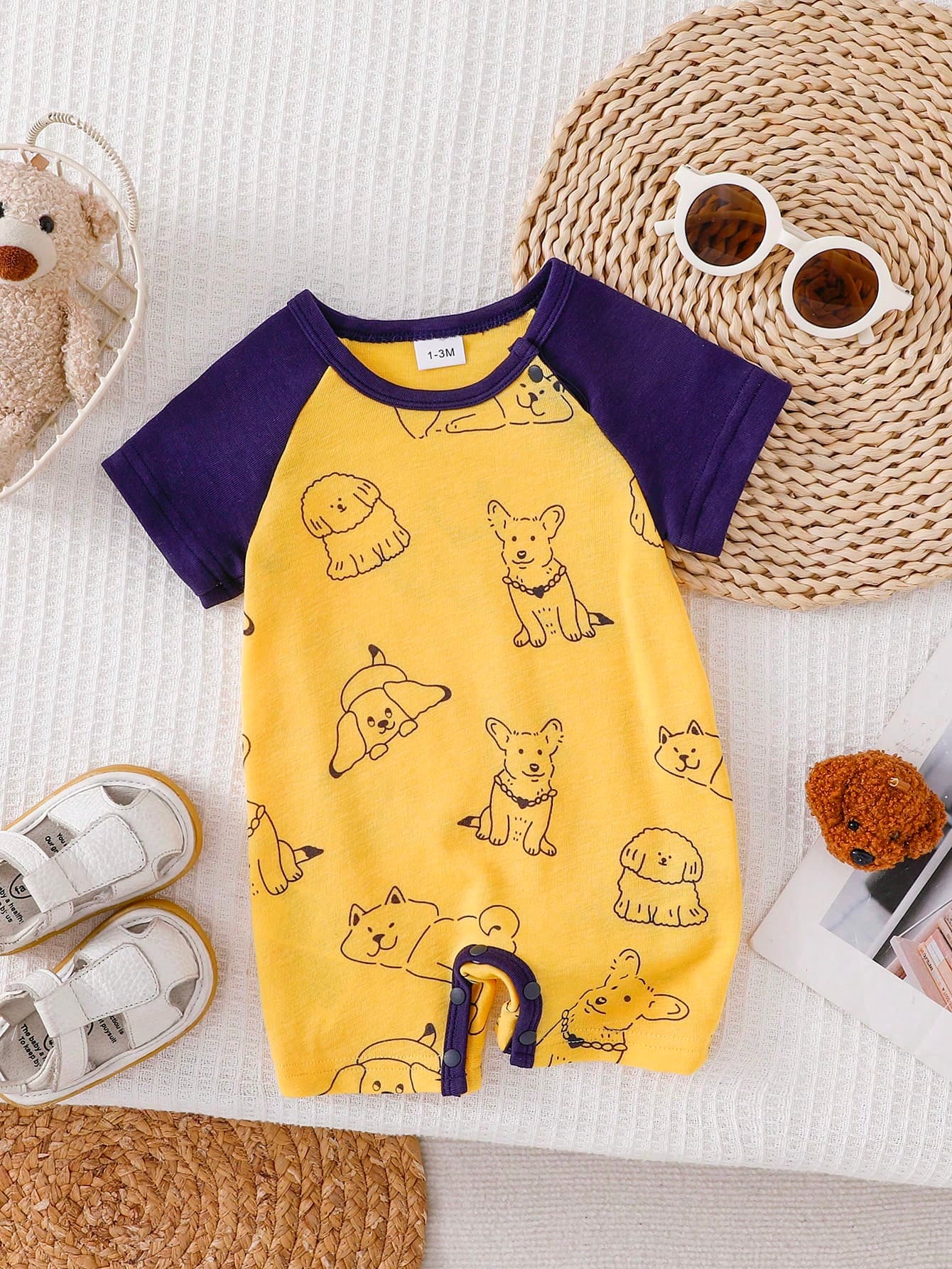 Infant & Toddler Summer 100% Cotton Cute Pet Print Romper, Soft & Comfortable, Easy Snap Closure For Diaper Change