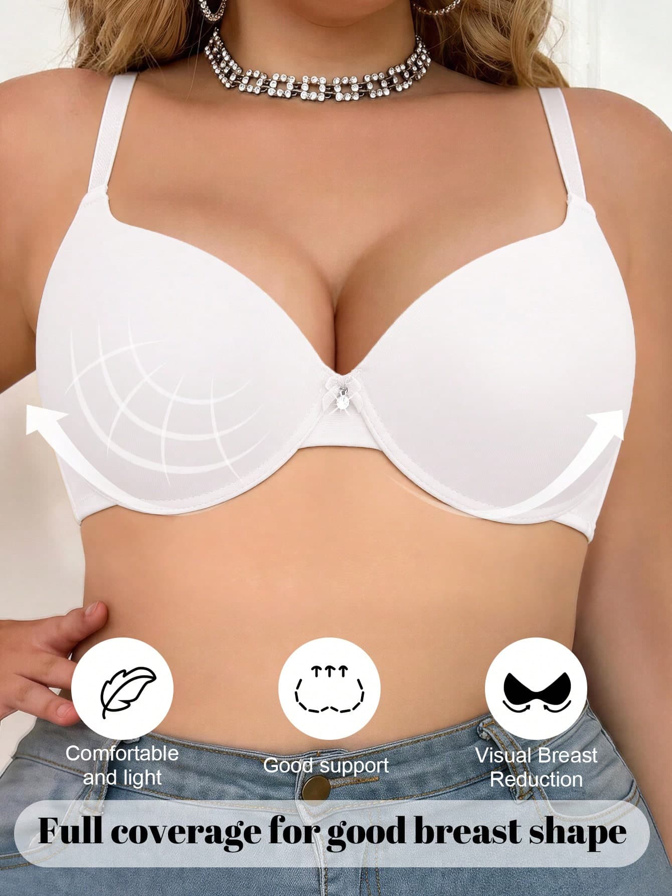 mimilemon Women's Plus Size White Silky Cup Push-Up Bra - Comfortable Breathable Seamless Adjustable Straps