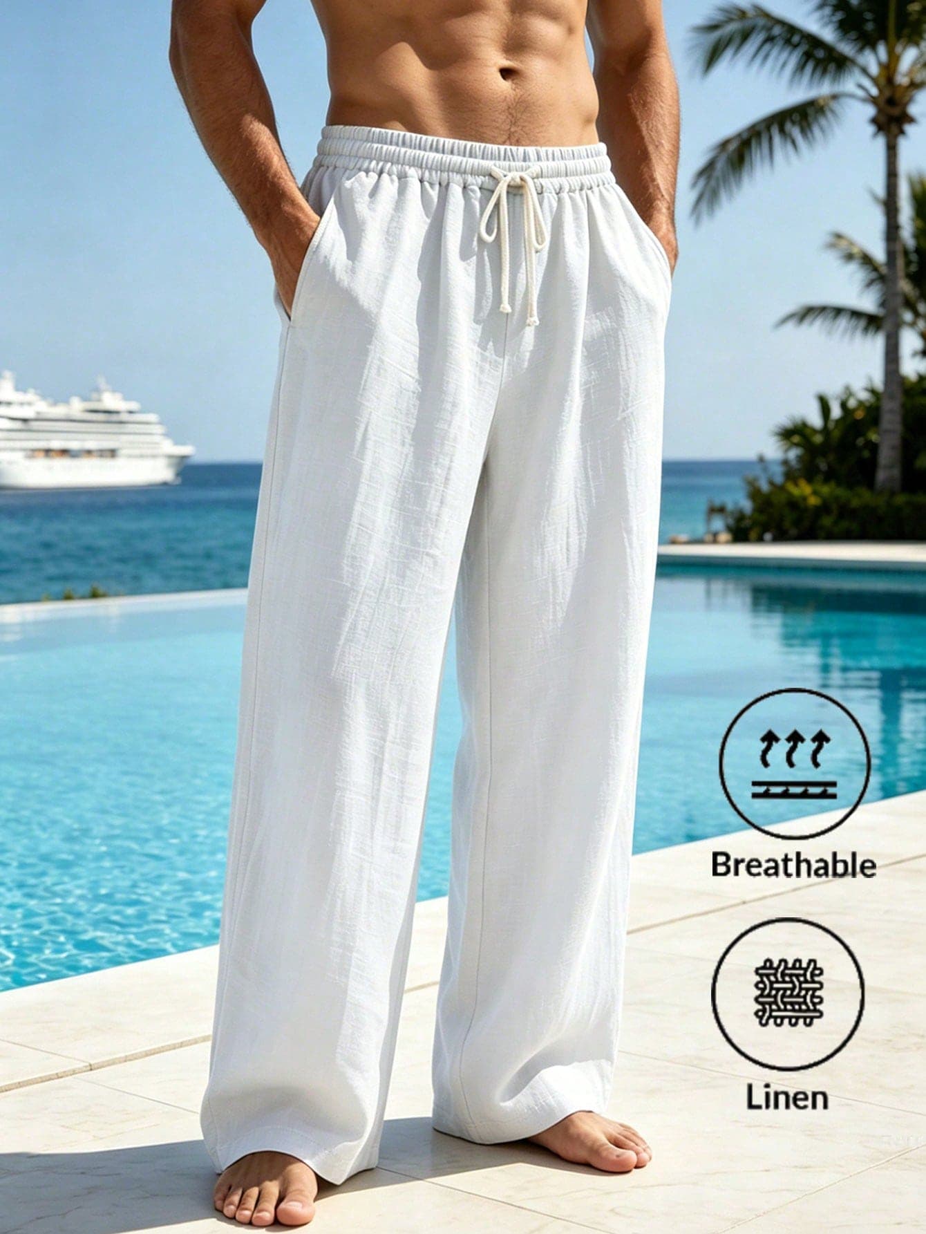 Men's Summer Linen Wide Leg Casual Pants, Elastic Waist Loose Straight Leg Trousers, Beach Vacation Pants