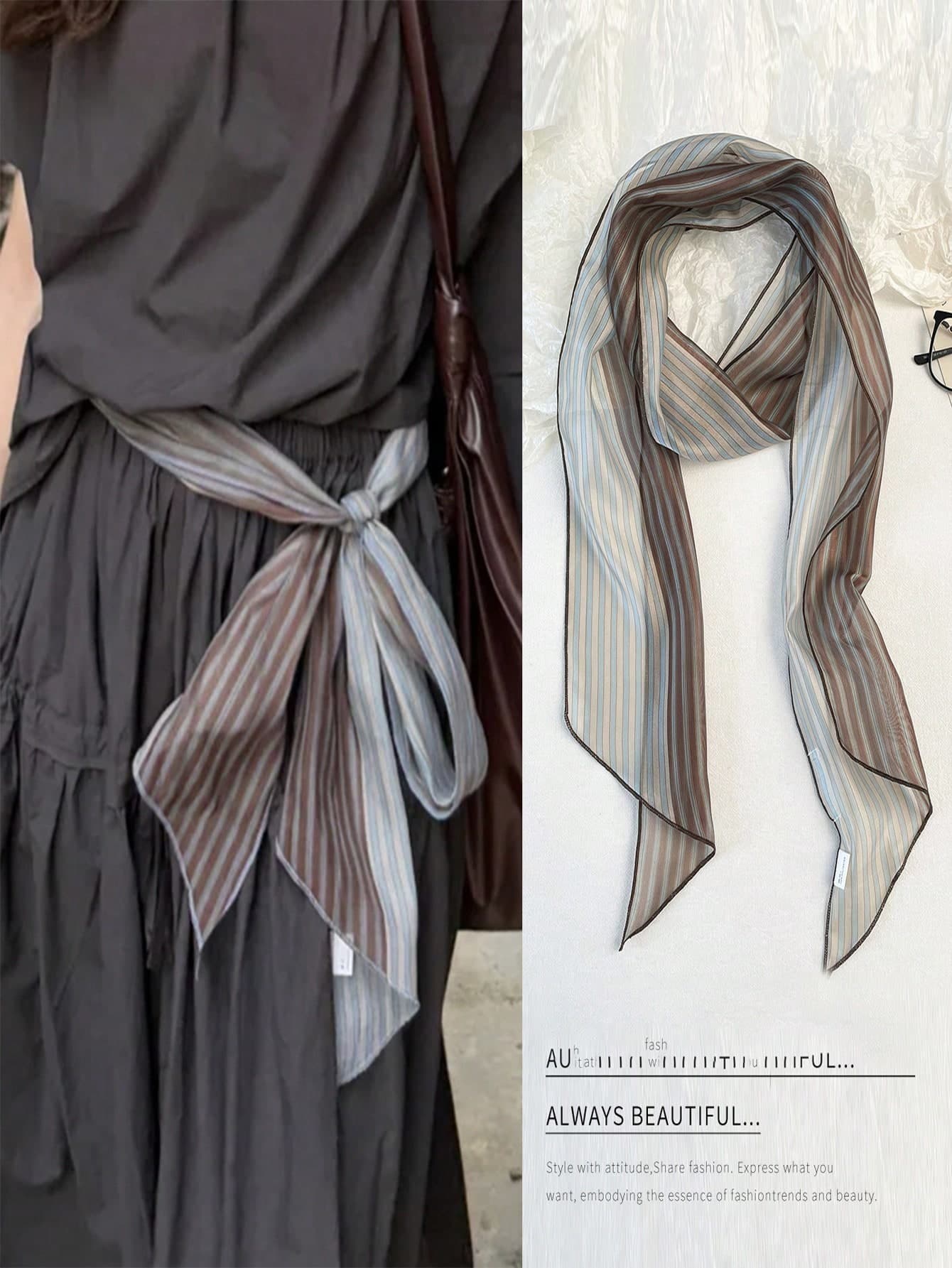 1pc Retro Waist Belt, Waist Cinching Design, Colorblock Floral & Striped Decor, Women's Skinny Belt, Elegant Scarf, Headband, Ribbon