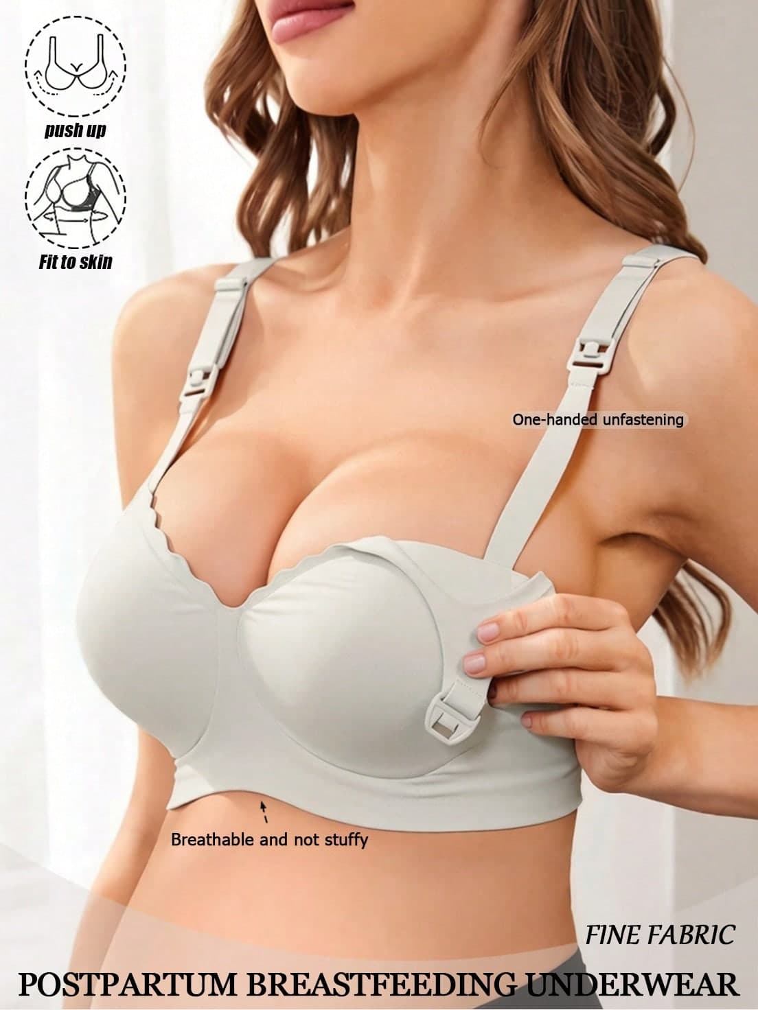 Women's Nursing Bra, Pregnancy & Breastfeeding Special, Push-Up, Anti-Sagging, Side-Boob Support, Front Opening Button Style, Grey Bra, Pregnancy & Postpartum Dual-Use, Side-Boob Support, Push-Up, Anti-Sagging, Wire-Free, Seamless Bra