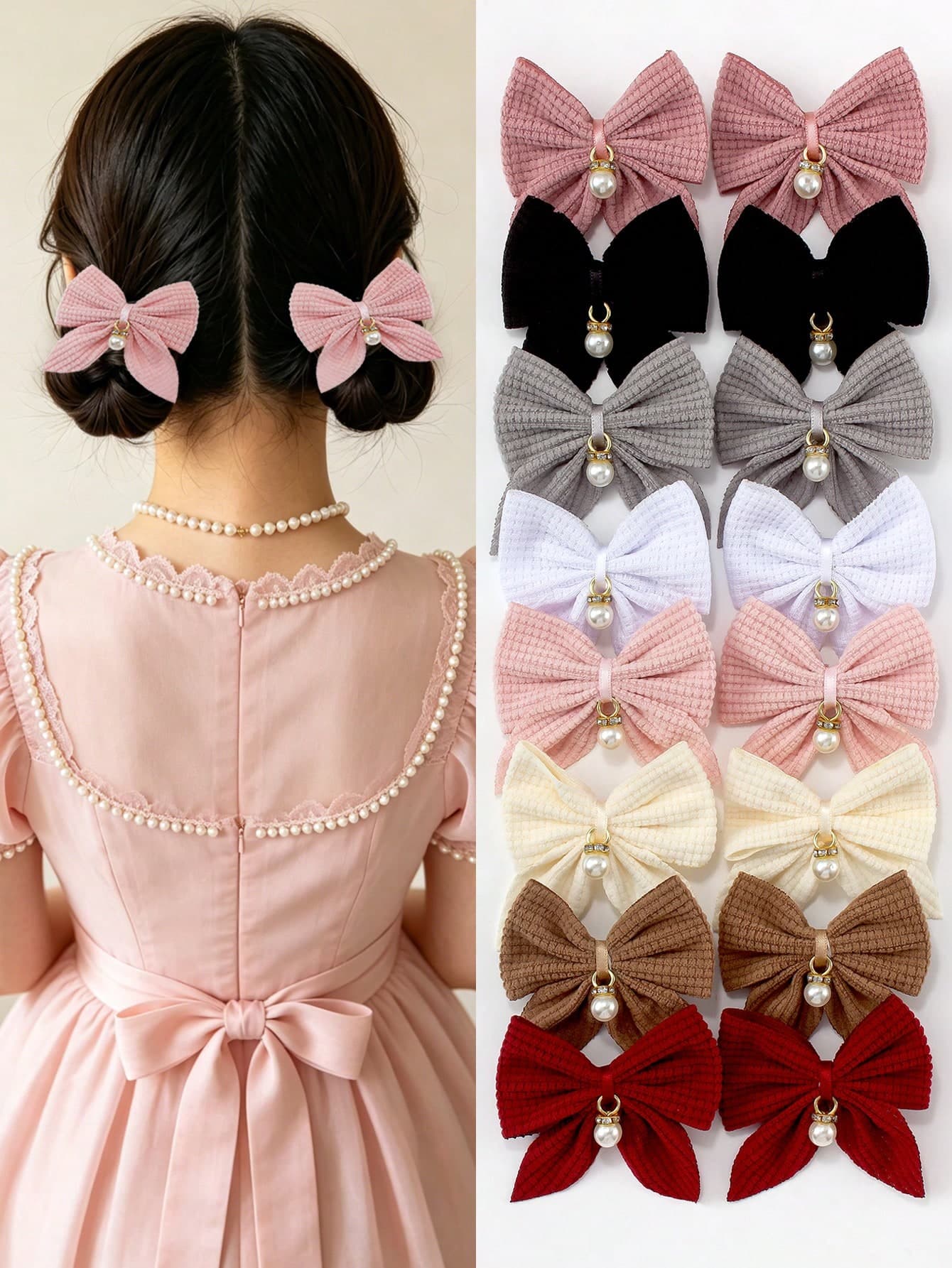 8pcs Autumn/Winter Multi-Color Fabric Plaid Bow Pearl Pendant Swallow Tail Hair Clips, Cute Girl's School Style Hair Accessories, Suitable For Daily Wear And Party