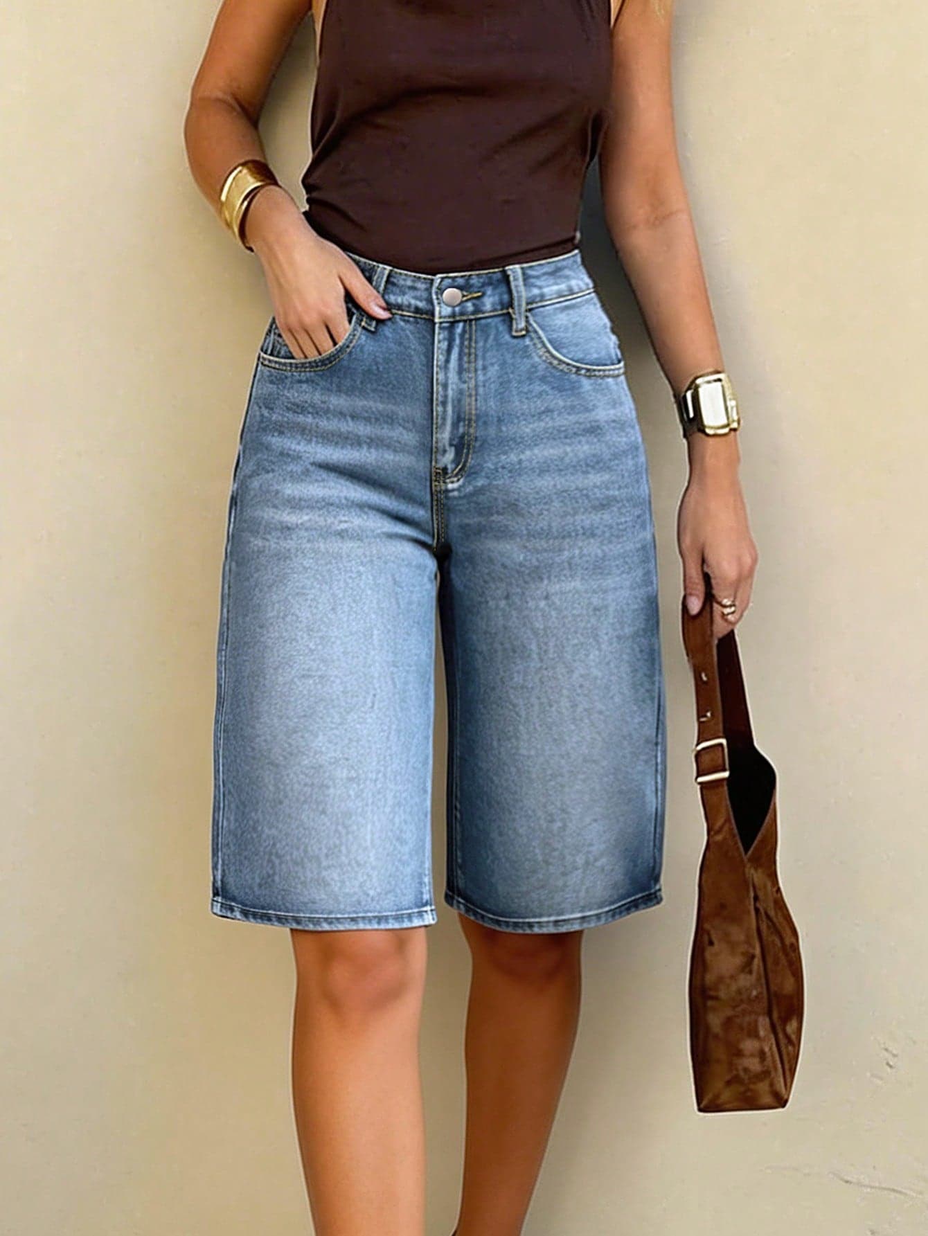 Street Style Loose Fit Low Waist Straight Leg Knee Length Jeans For Women, Summer Casual