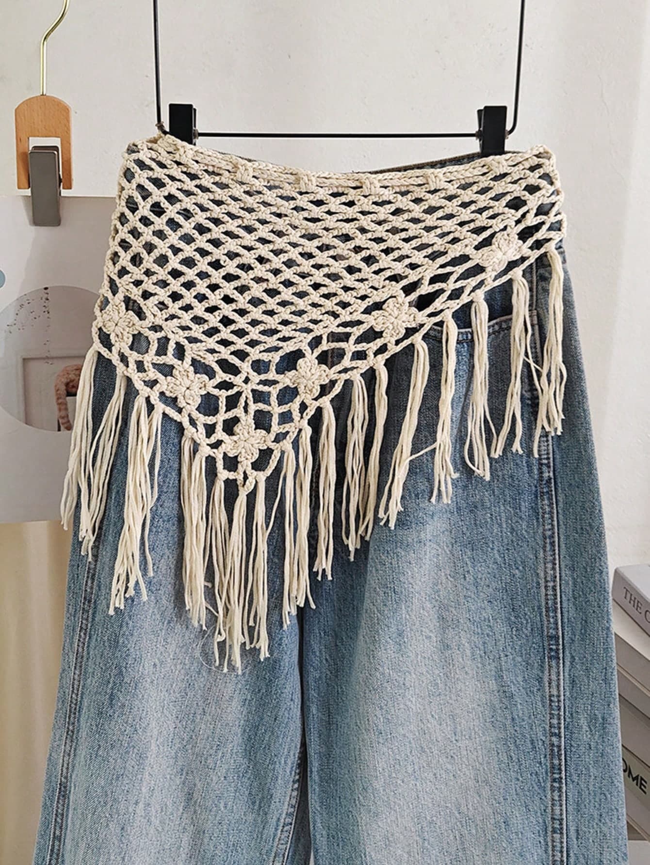 Bohemian Style Hollow Out Knitted Crochet Triangle Tassel Shawl, Multifunctional Layered Decorative Belt For Women
