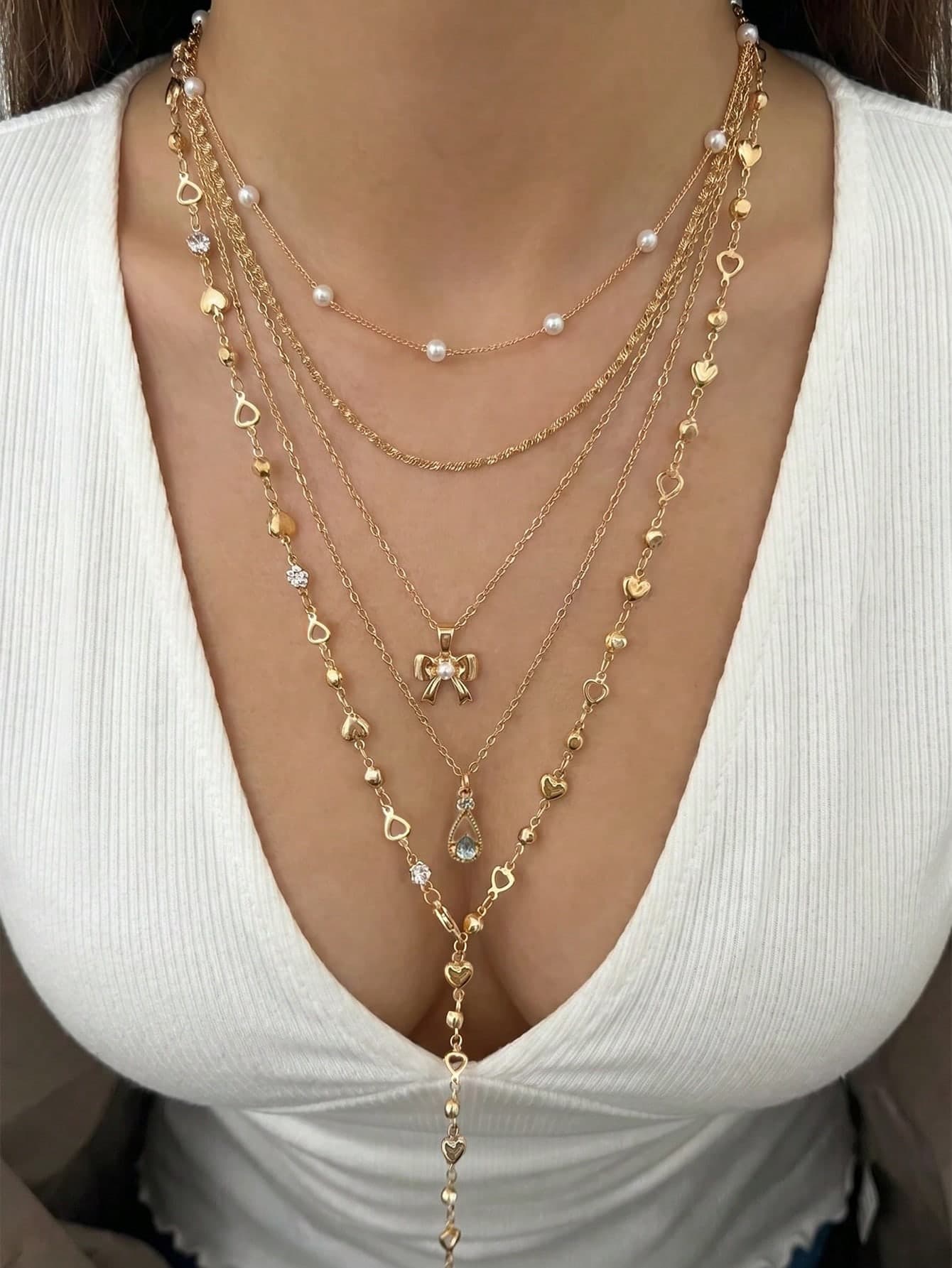 5pcs Ocean Vacation Style Bow, Water Drop Rhinestone, Pearl, Heart Chain Y-Necklace Set, Suitable For Beach, Daily, Party Wear, Gift For Friends & Girlfriends