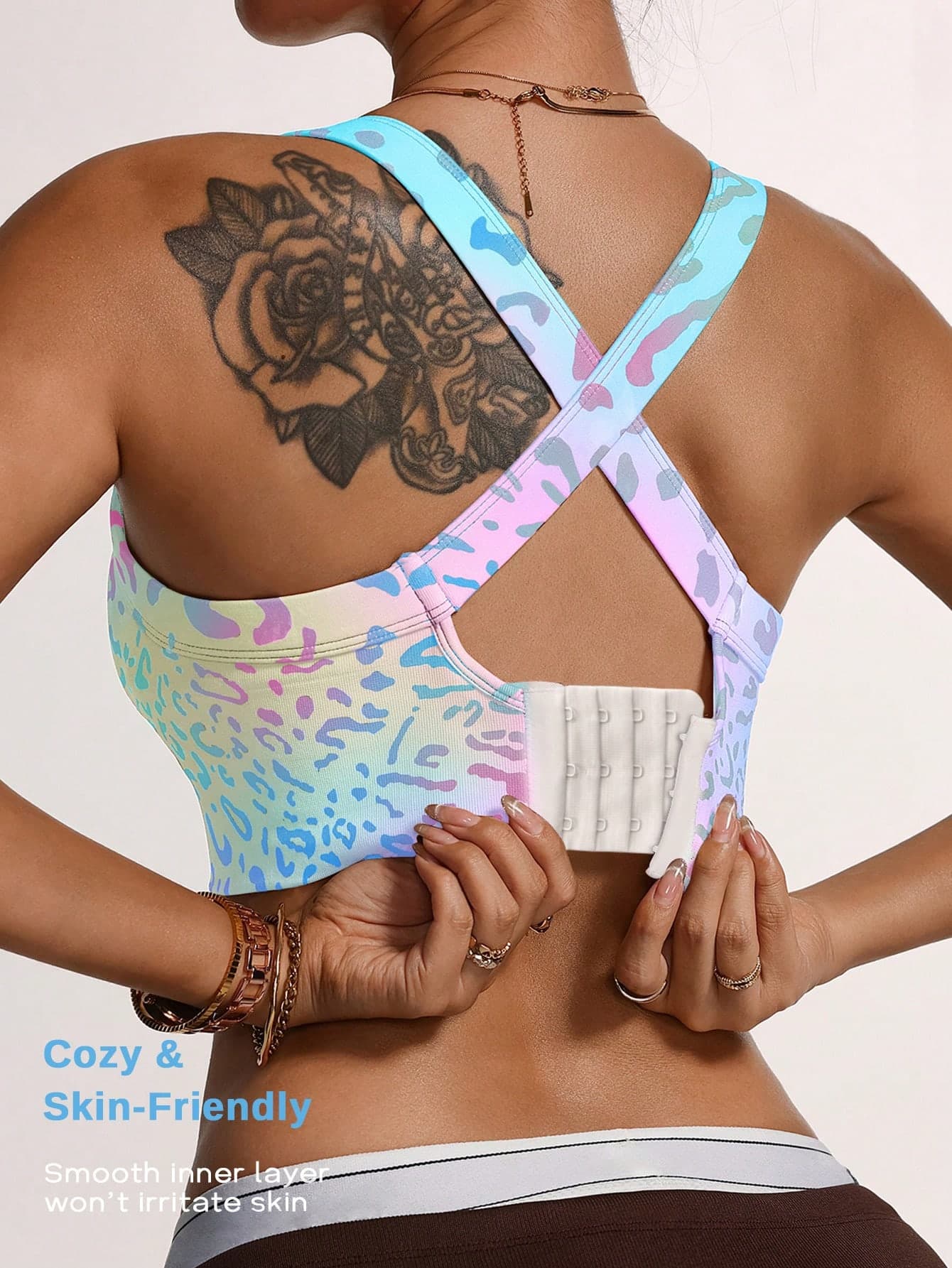 Dreamy Rainbow Leopard Print Criss-Cross Back Sports Bra, Stable Support, Suitable For Fitness And Streetwear, Gradient Color With Niche Design