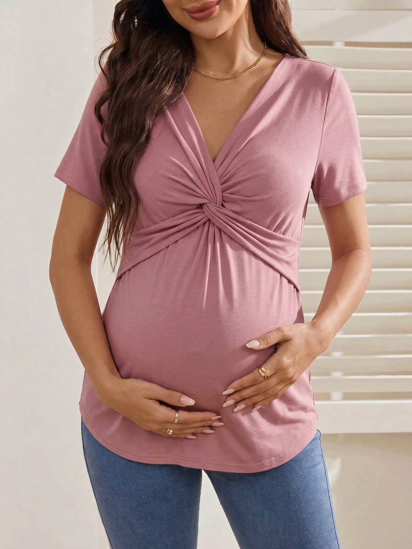 Women's Cross V-Neck Maternity T-Shirt, Daily Wear Nursing Top Summer