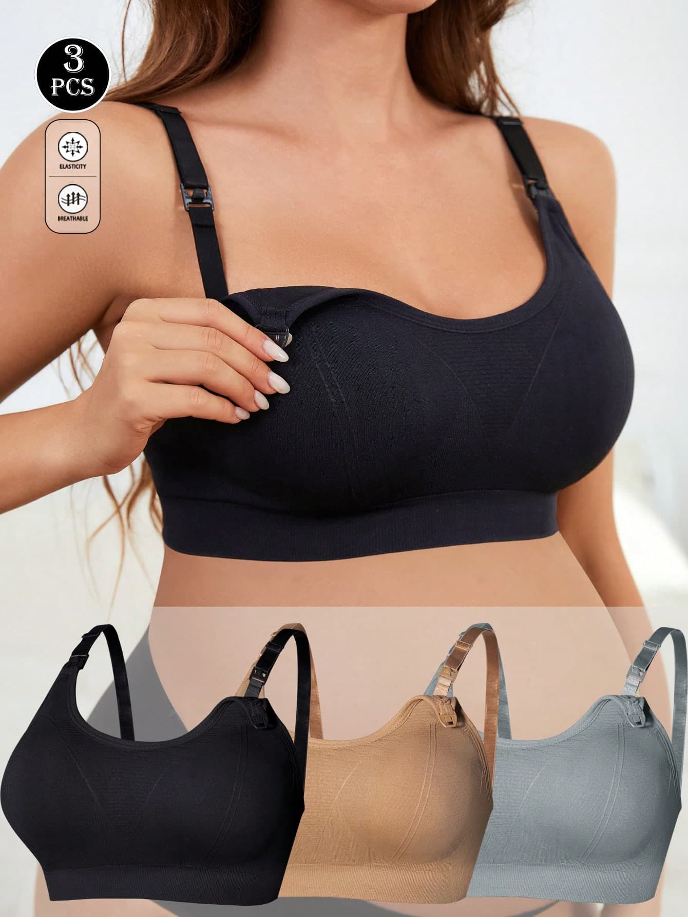 3pcs/Set Maternity Nursing Bra, Sexy Front Open Seamless Feeding Bra, Pregnancy & Postpartum Dual Use, Comfortable Push-Up Bra
