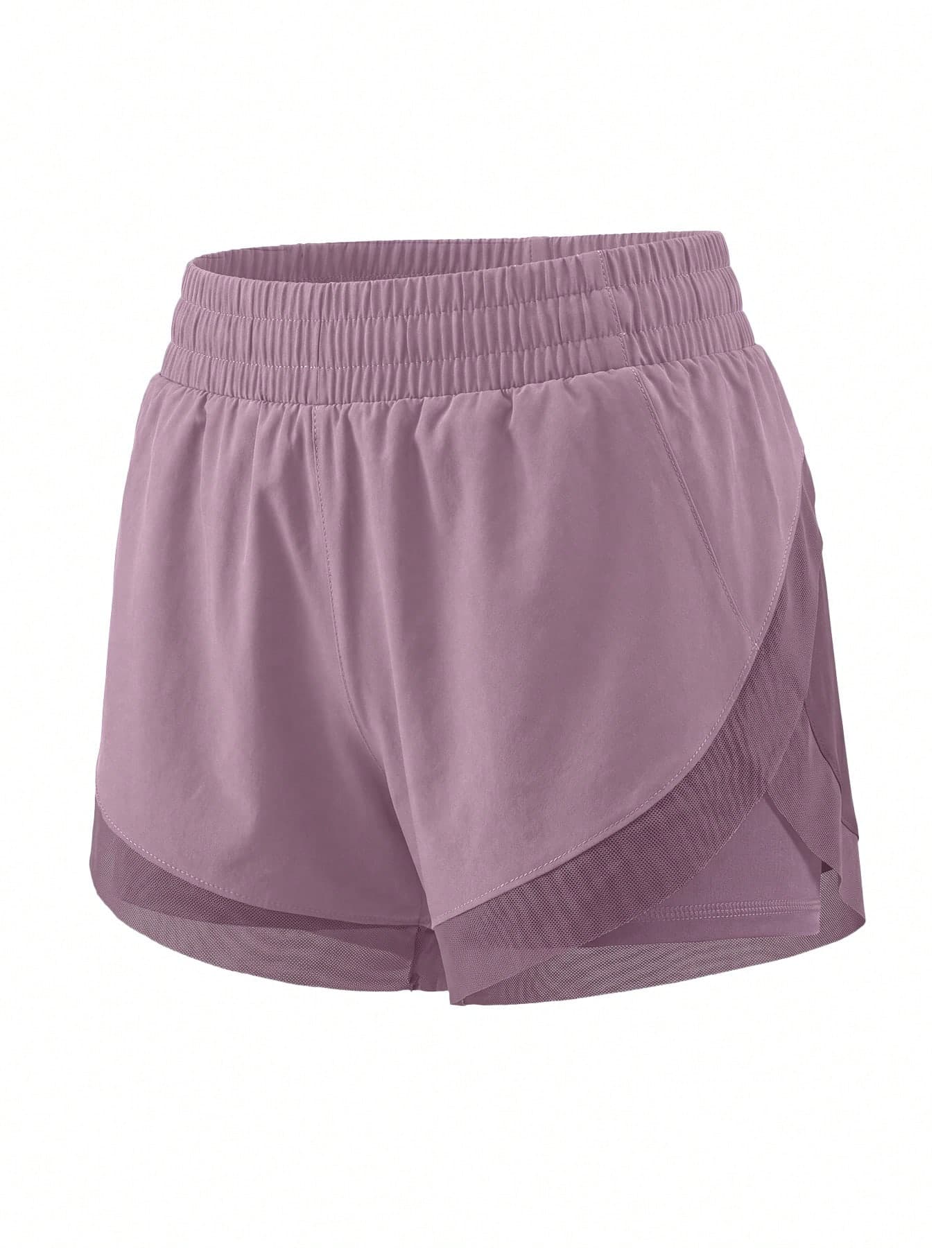 NcmRyu 1pc Women Solid Color Elastic Waist Lined Shorts, Short Style Side Slit Mesh Patchwork Sports Shorts