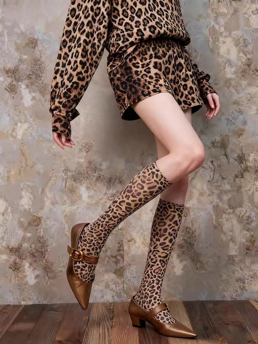 1 Pair Women's Nylon Leopard Print Mid-Calf Socks, Fashionable & Versatile, Y2k, E-Girl, Cozy