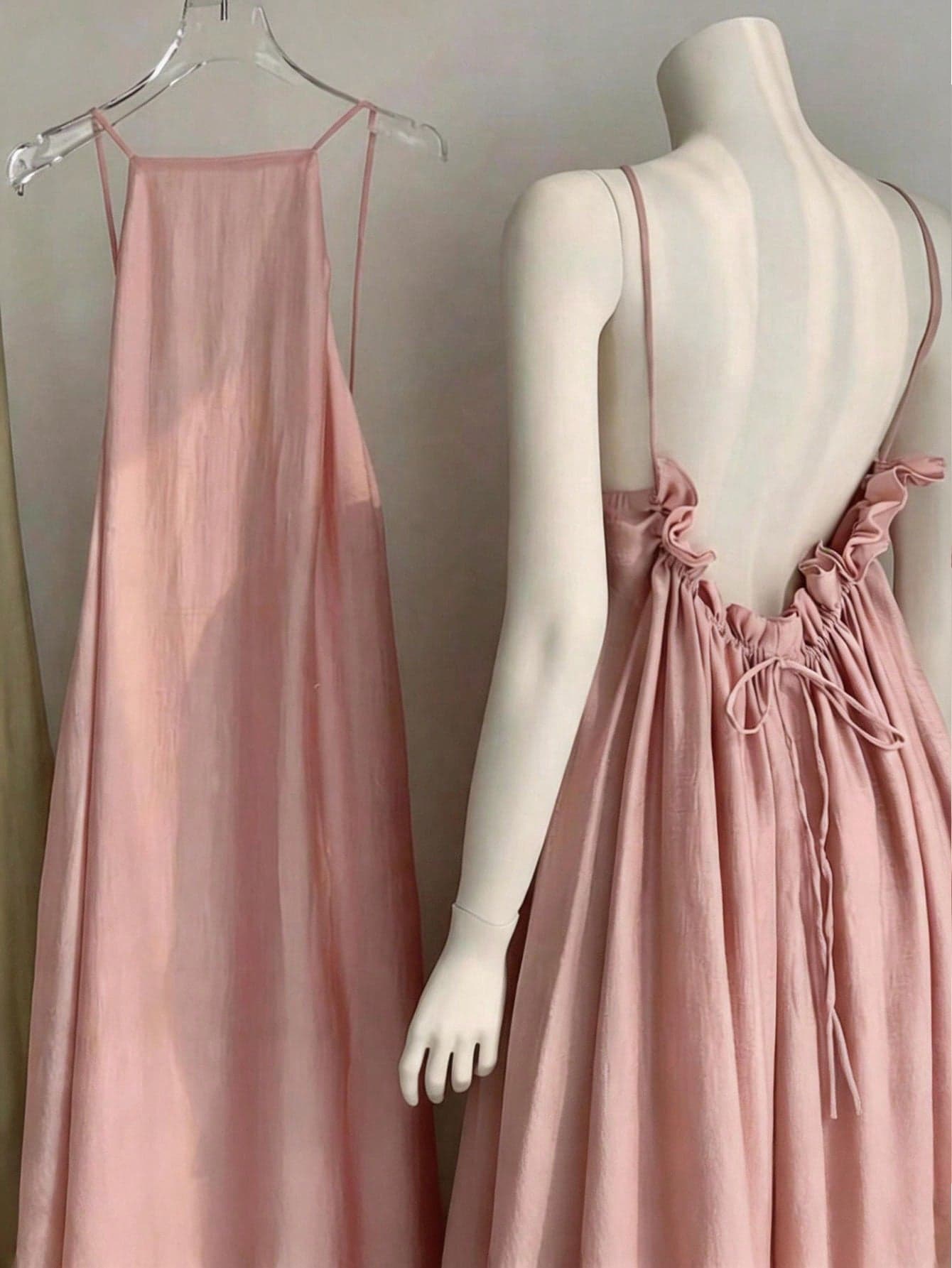 Summer New Women's Dress, Casual , Beach Vacation Dress, Elegant Pink Open Back Ruched Tie Waist Dress Party