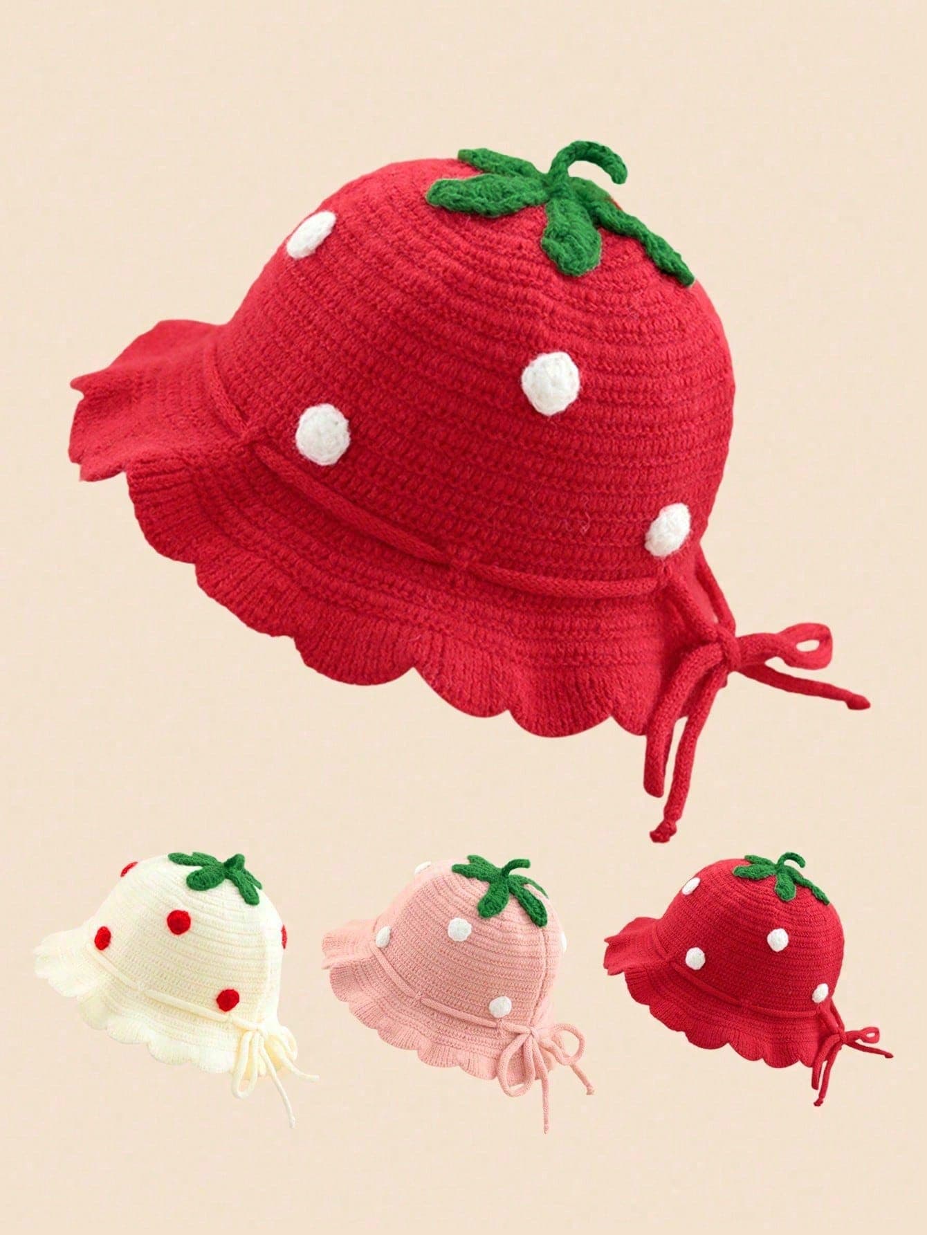 1pc Cute Strawberry Princess Baby Hat, Warm Crocheted Fisherman Beanie For Girls, Autumn/Winter