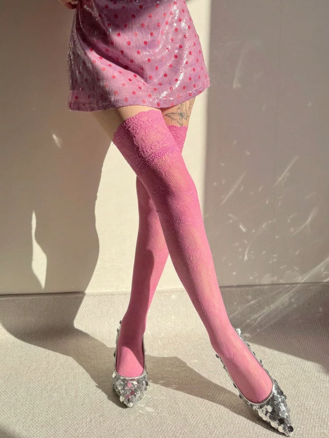 1 Pair Maillard Lace Trim Thigh High Stockings, Retro Floral Fishnet Socks