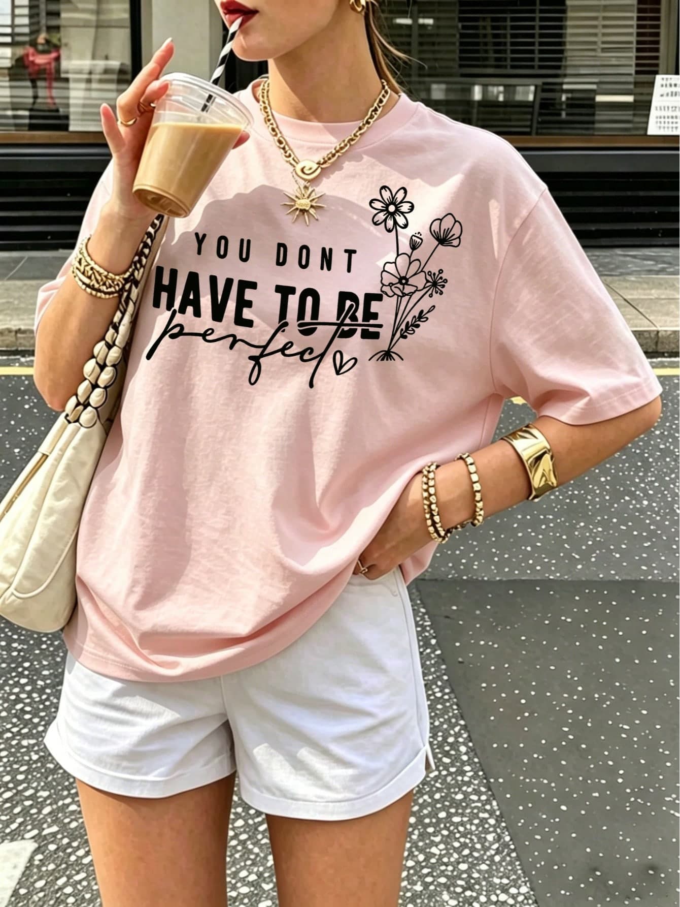 You Don't Have To Be Perfect Floral Quote Print T-Shirt, Minimal Aesthetic Casual Short Sleeve Inspirational Daily Wear Top Pink