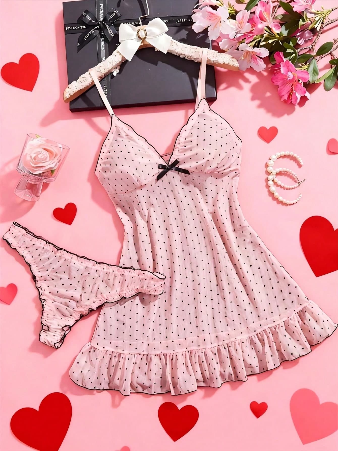 2pcs Women Plus Size Pink Polka Dot Nightgown, Sexy Sheer Mesh Lingerie Slip Dress Set (With Panty)