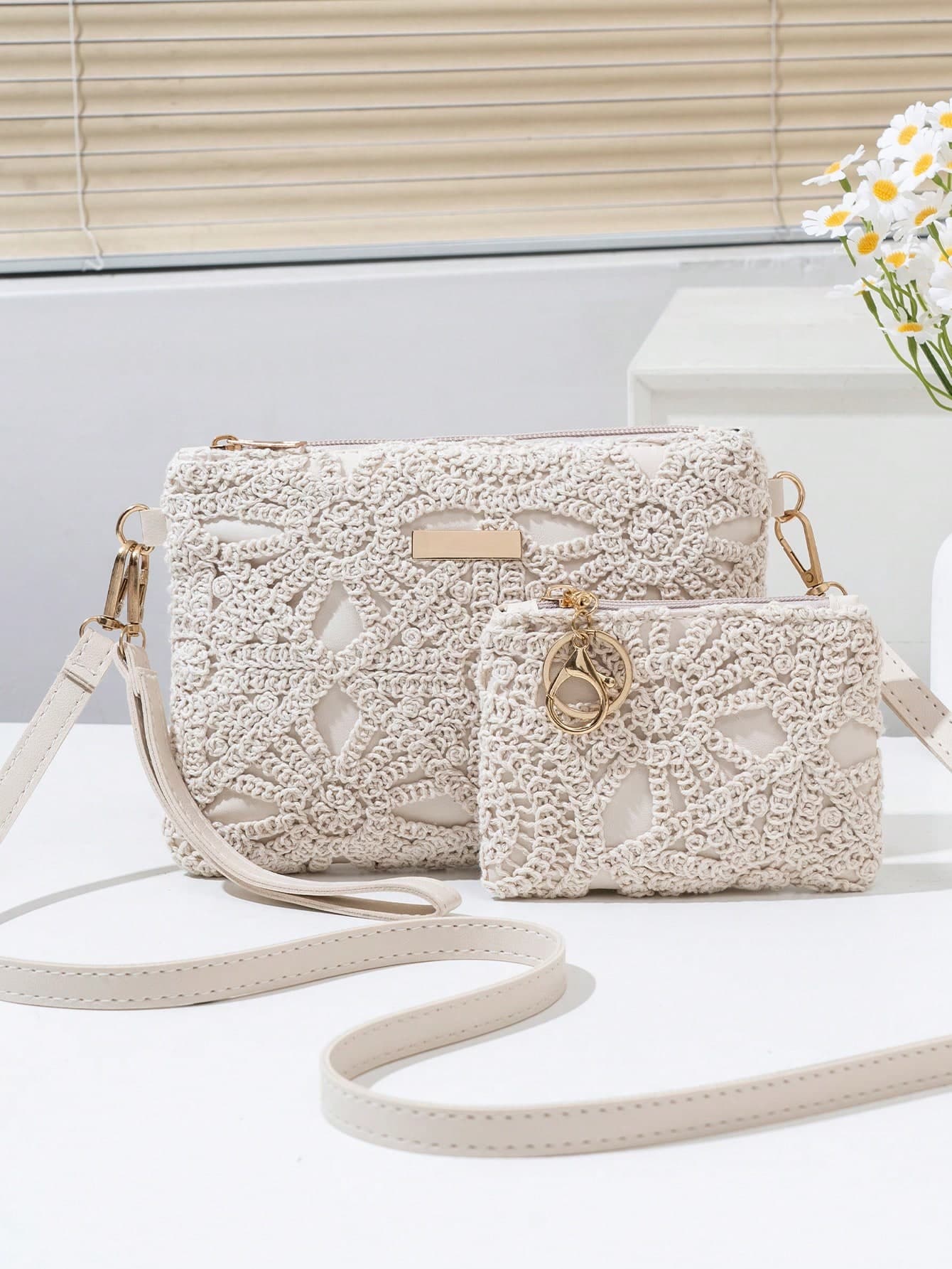 2pcs Set With Small Wallet, Floral Hollow Woven Handbag, Adjustable Shoulder Strap, Casual Daily Shoulder Bag & Clutch, Lightweight, Boho Chic