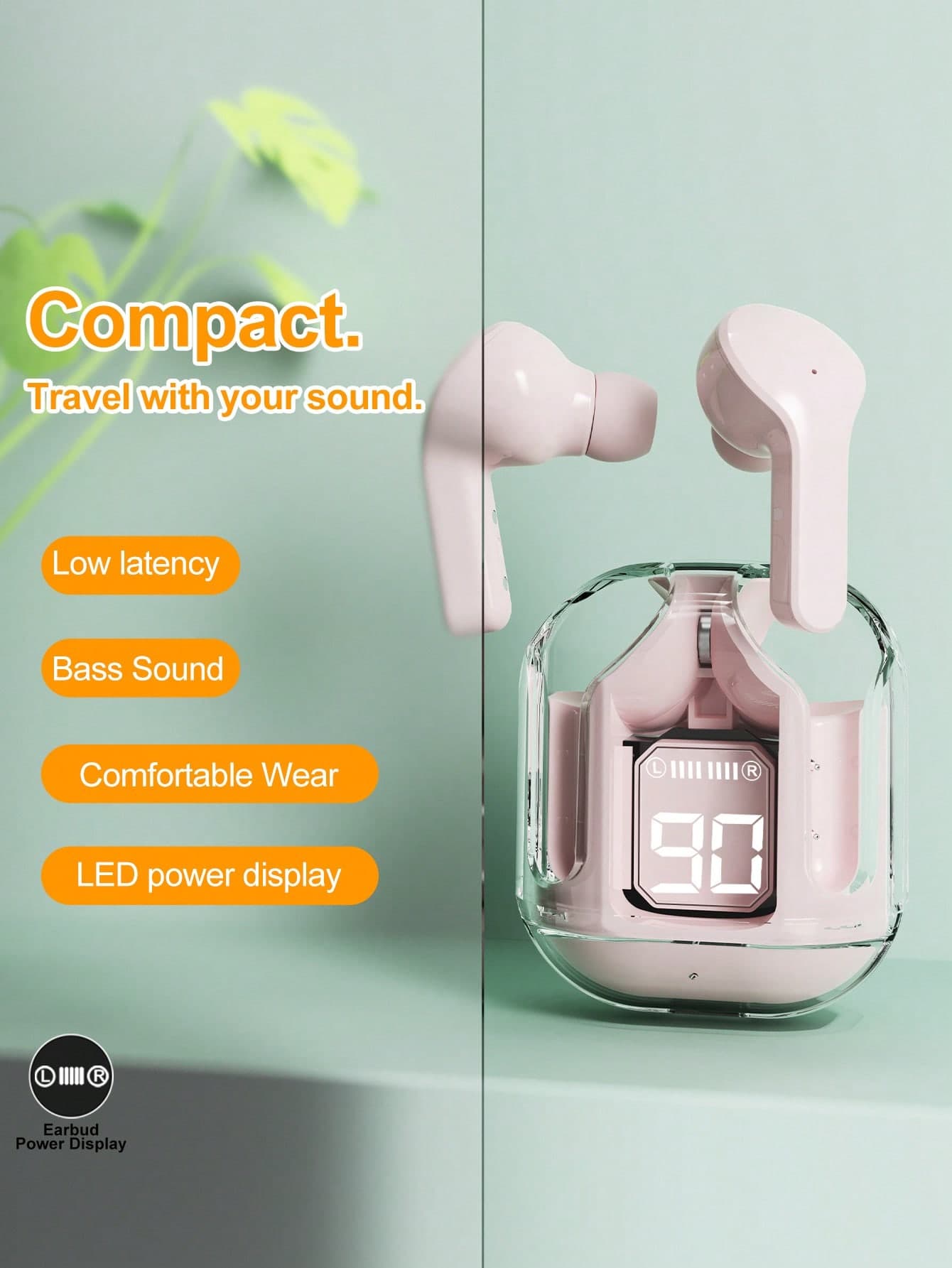STSEarConect 1 Pair Transparent True Wireless Stereo Earbuds With LED Power Display, Type-C Charging Case, Compatible With All Smartphones, Suitable For Gaming, Music, Outdoor/Business, Adults, Capacitive Microphone, Rechargeable Lithium-Ion Battery
