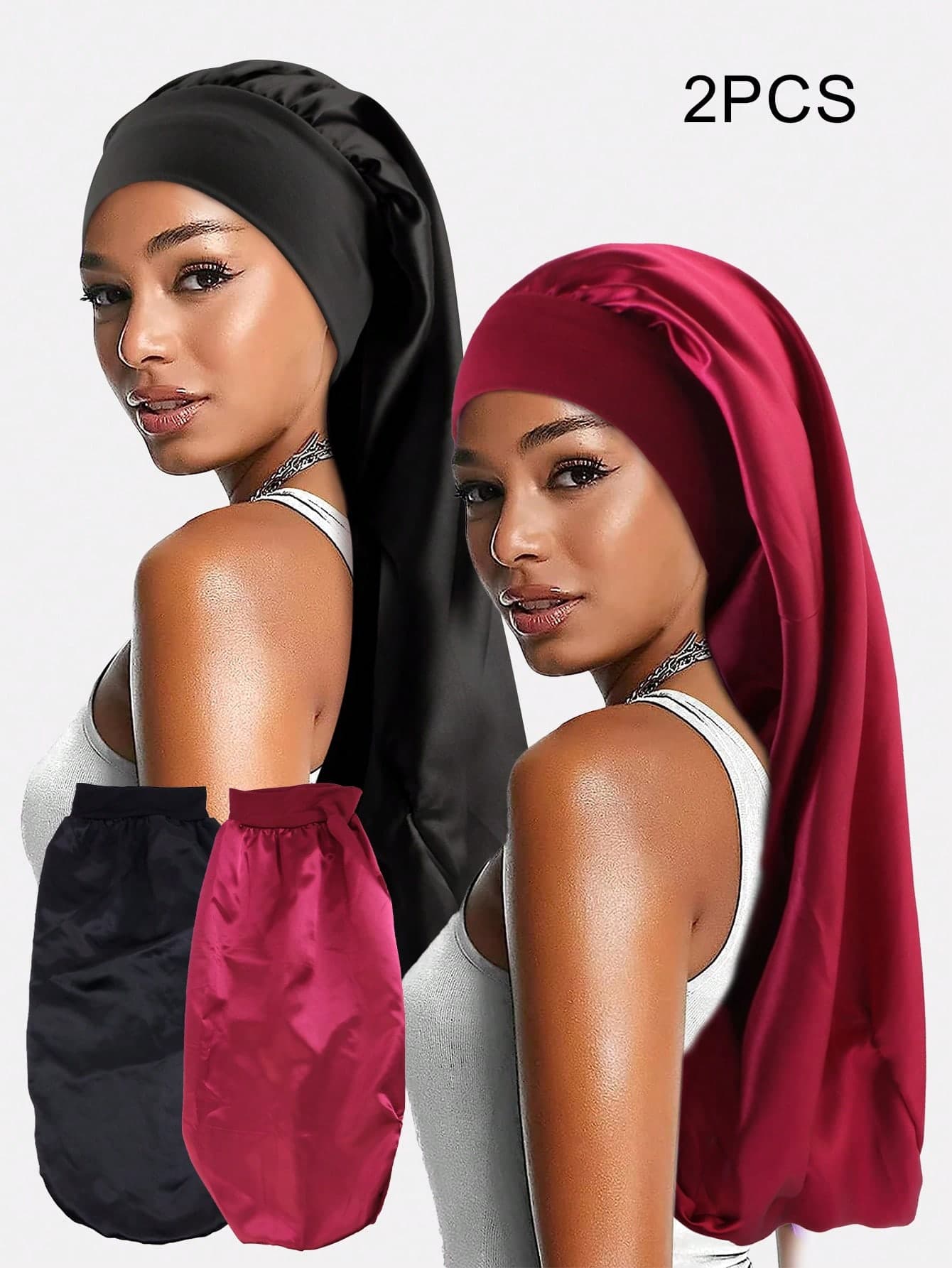 2pcs Women's Long Hair Satin Silk Bonnet, Wide Brim Sleep Cap For Daily Wear, Suitable For All Seasons